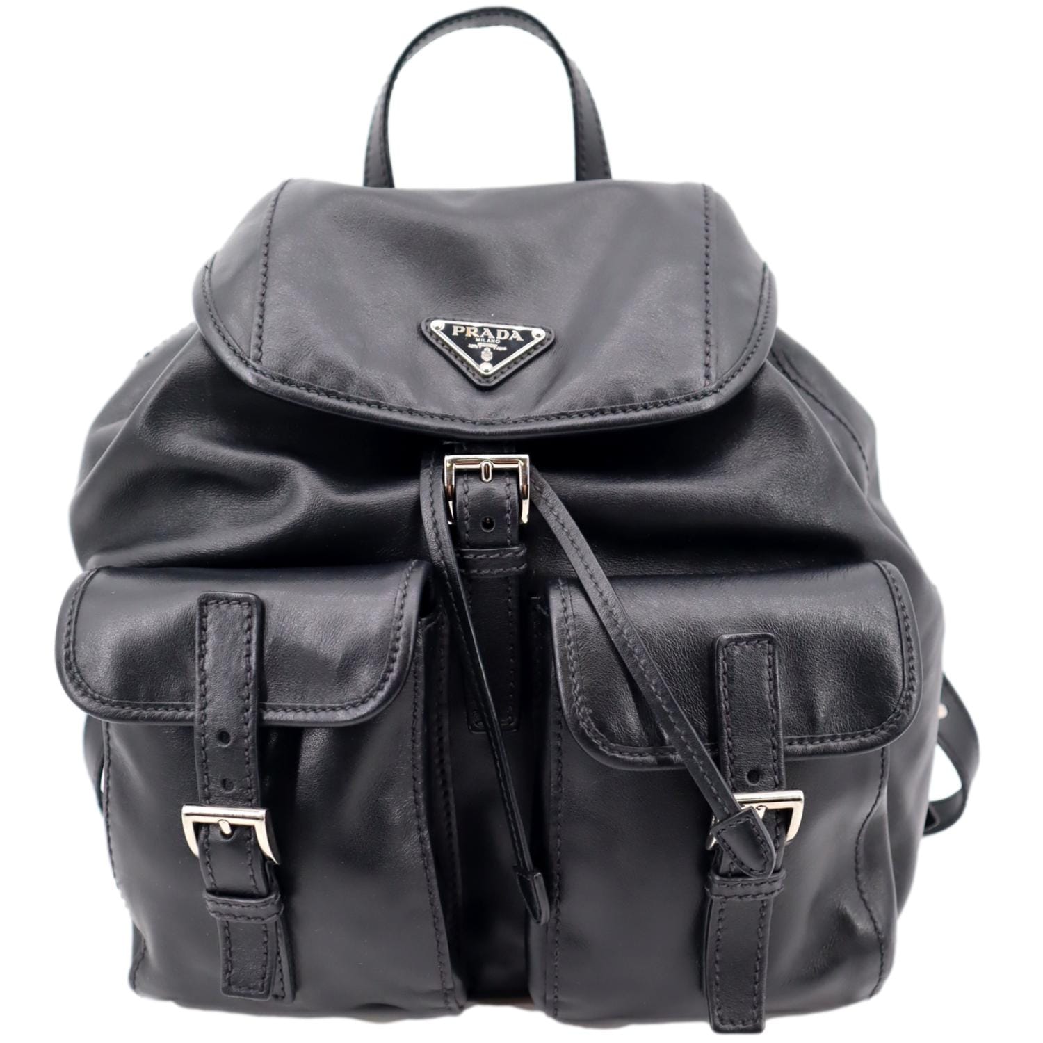 Prada Milano Double Pocket Backpack Bag Leather Black