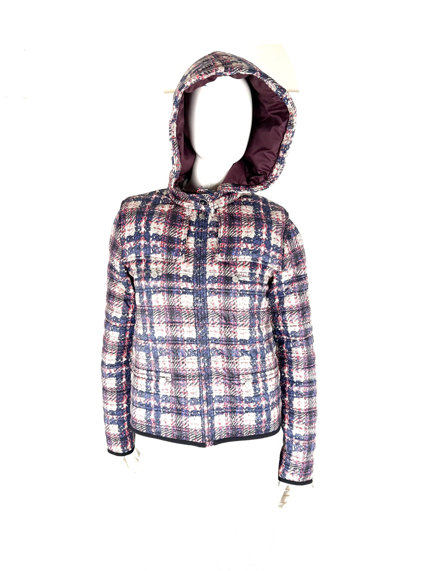 Chanel Tweed Print Navy Beige Burgundy Nylon Zip Hooded Jacket 38