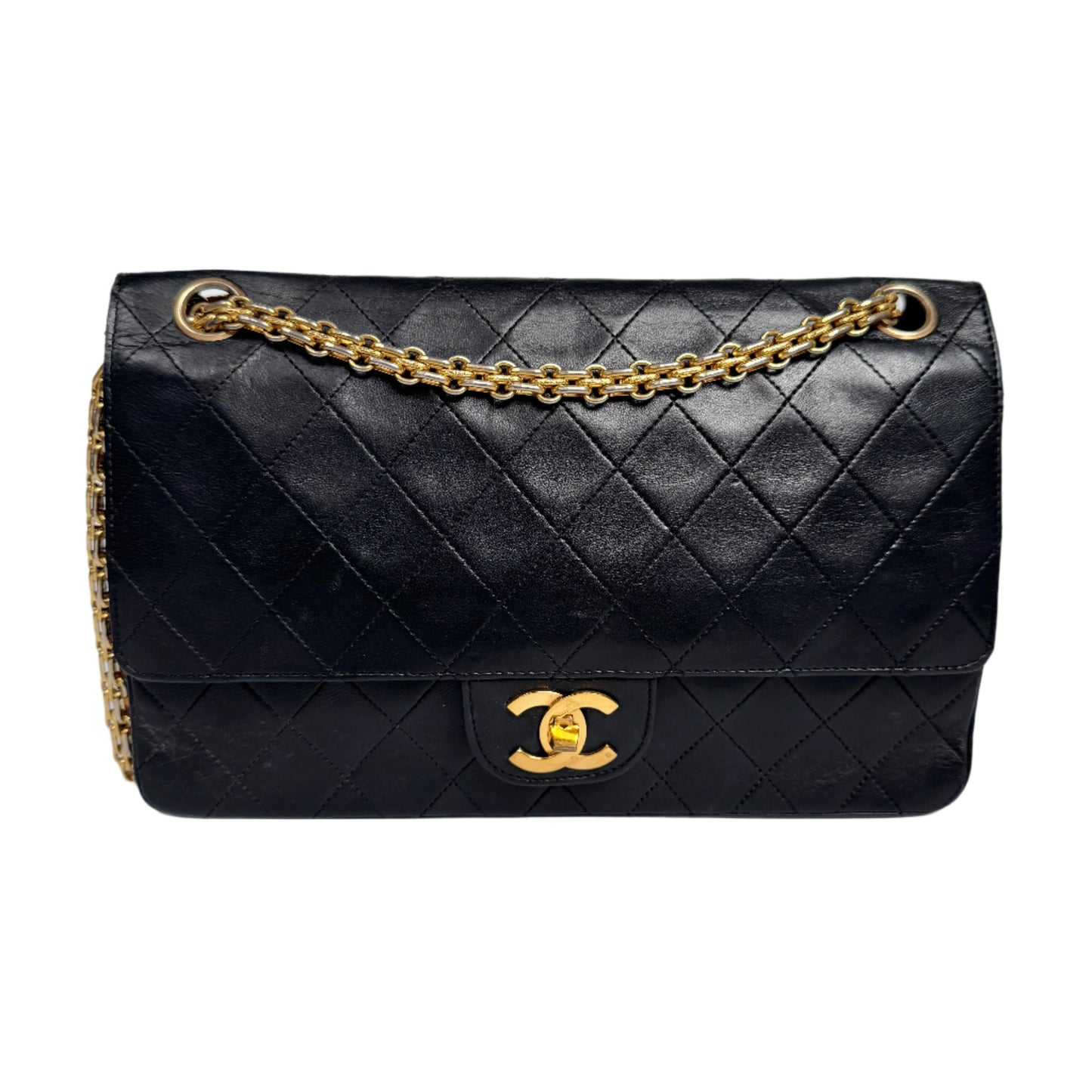 Chanel Classic Flap Lambskin 24k Hardware Black Gold Leather Handbag Chain Strap