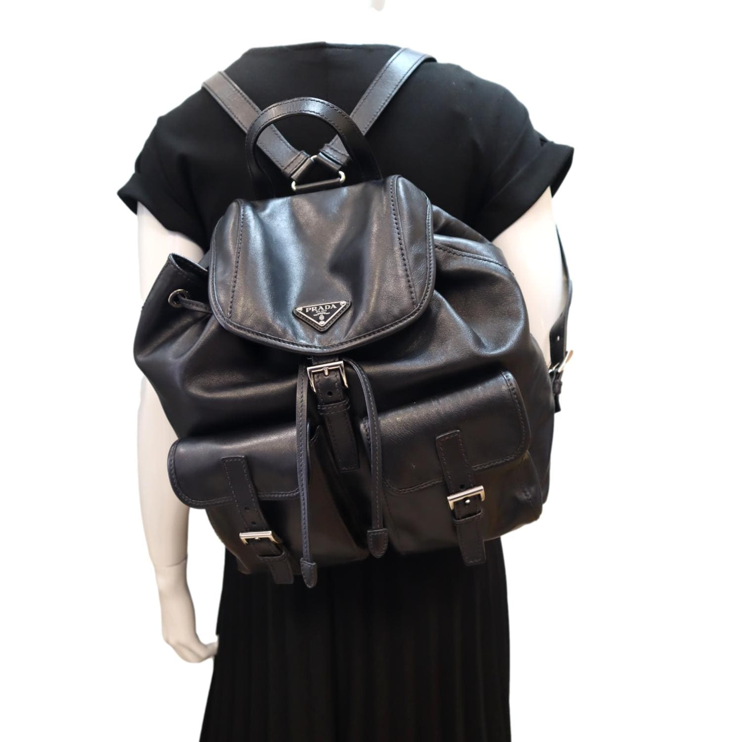 Milano Double Pocket Backpack Bag Leather Black