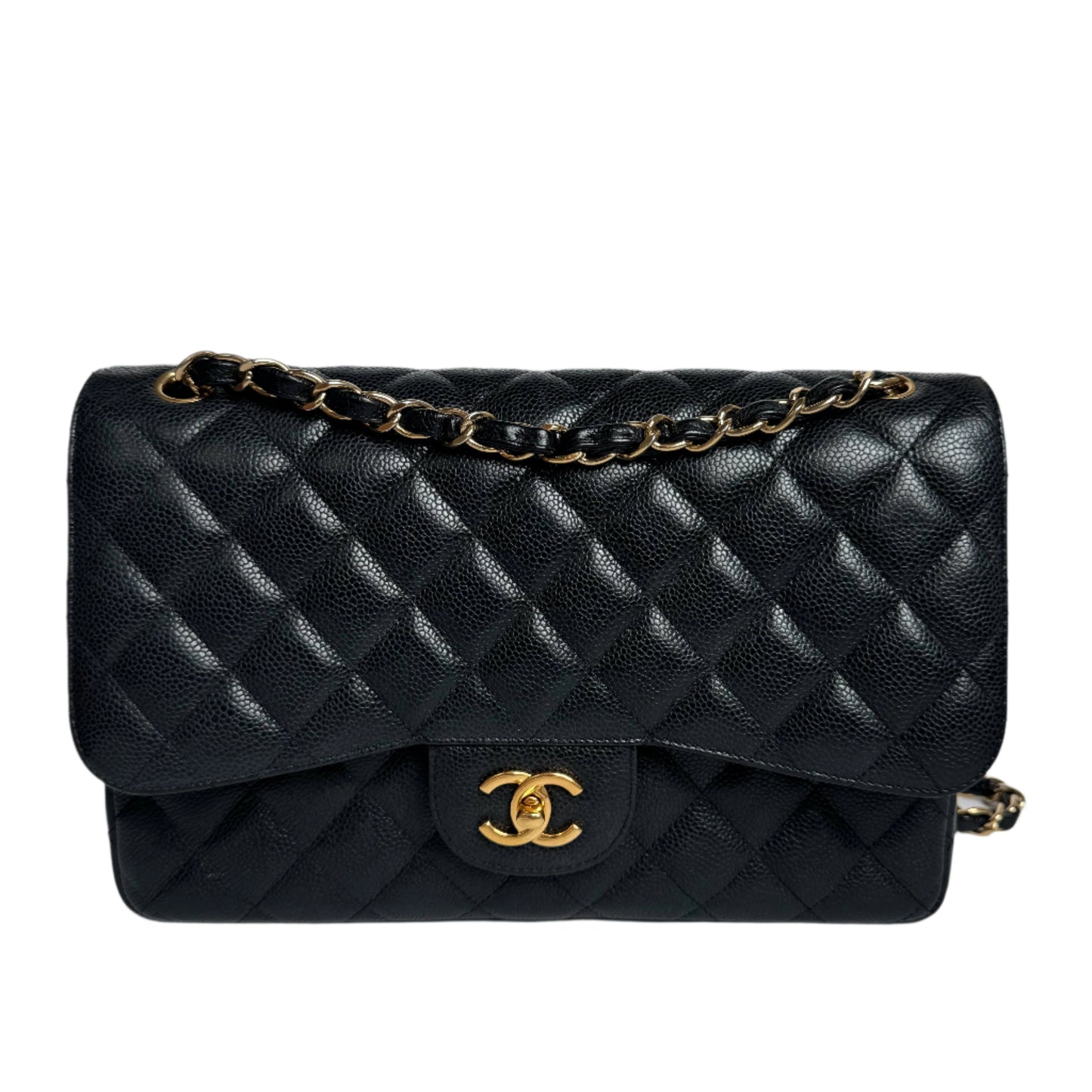 Chanel Classic Flap Jumbo Caviar Double Flap Black Gold Leather Handbag Hardware 2