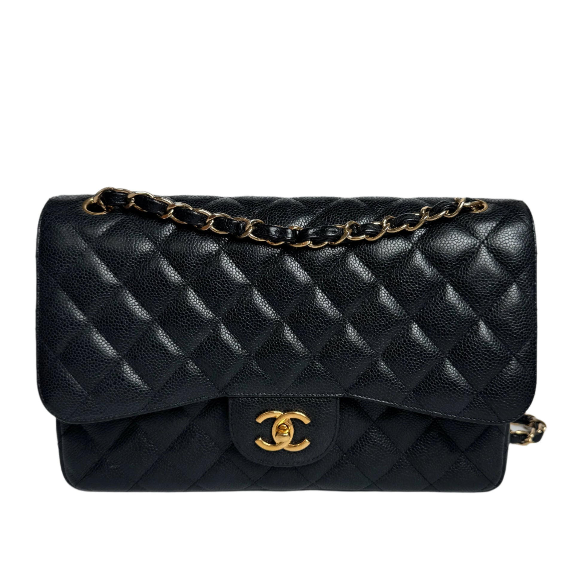 Chanel Classic Flap Jumbo Caviar Double Flap Black Gold Leather Handbag Hardware 2