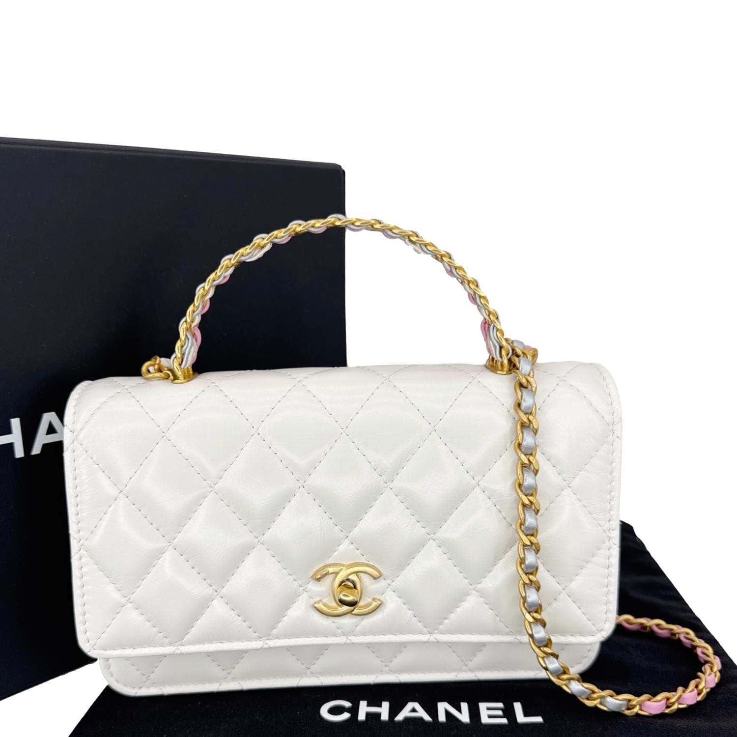 Chanel Top Handle Quilted On Leather White Multicolor Wallet Case