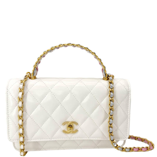 Chanel Top Handle Quilted On Leather White Multicolor Wallet Case