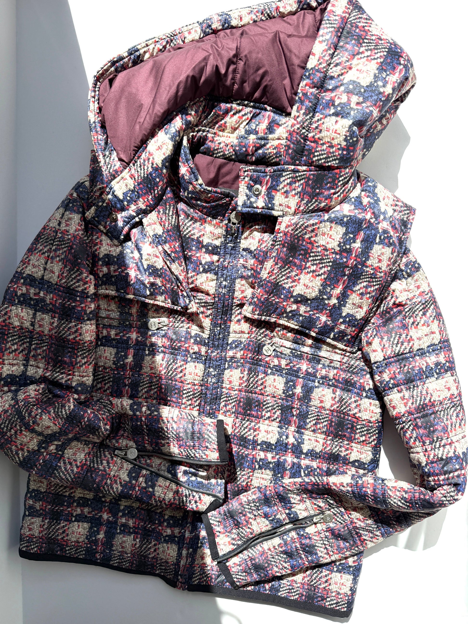 Chanel Tweed Print Navy Beige Burgundy Nylon Zip Hooded Jacket 38