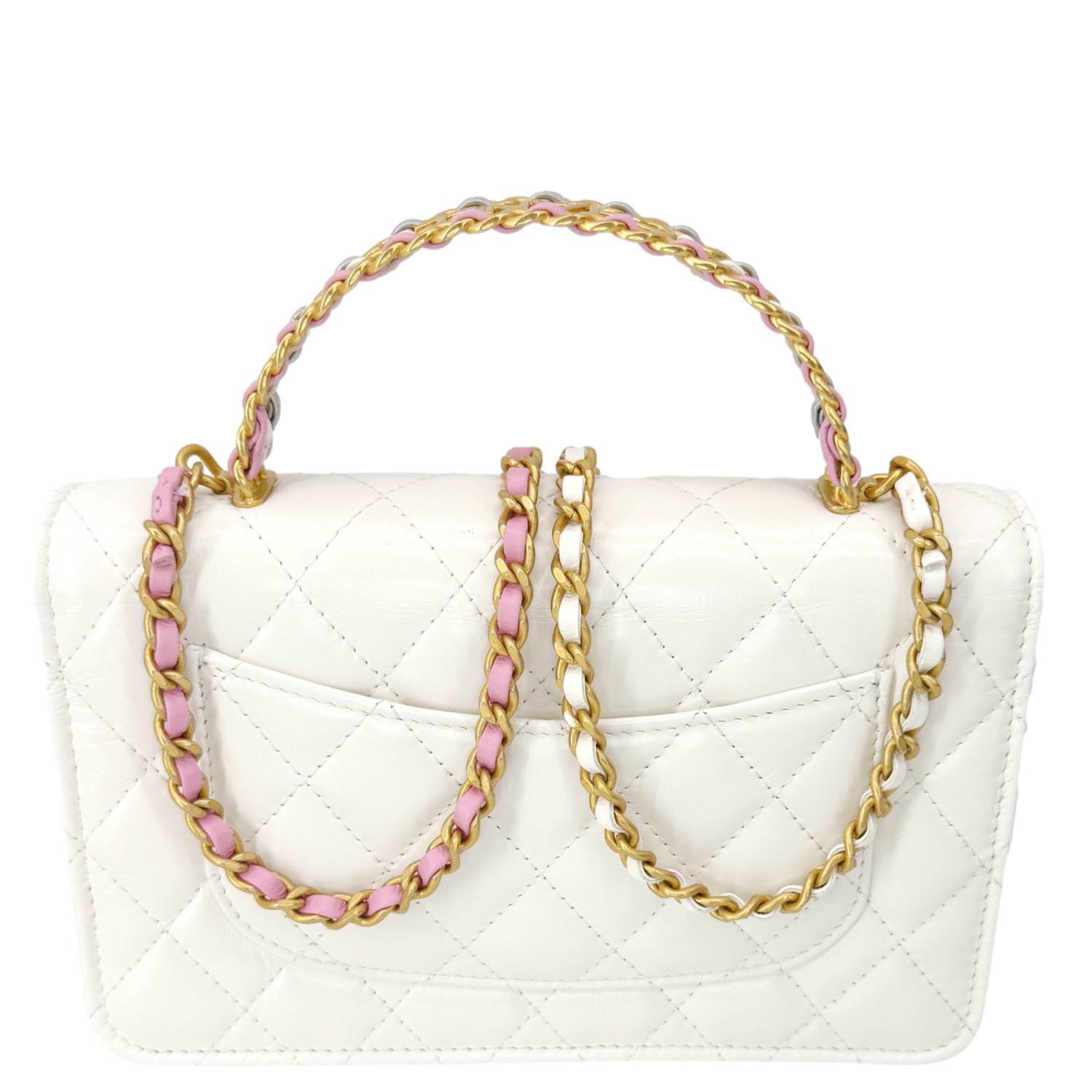 Chanel Top Handle Quilted On Leather White Multicolor Wallet Case
