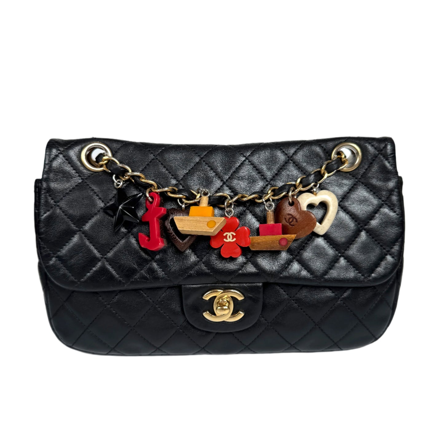 Chanel Classic Flap Lambskin Valentine Marine Charms Black Leather Key Chain Charms 2