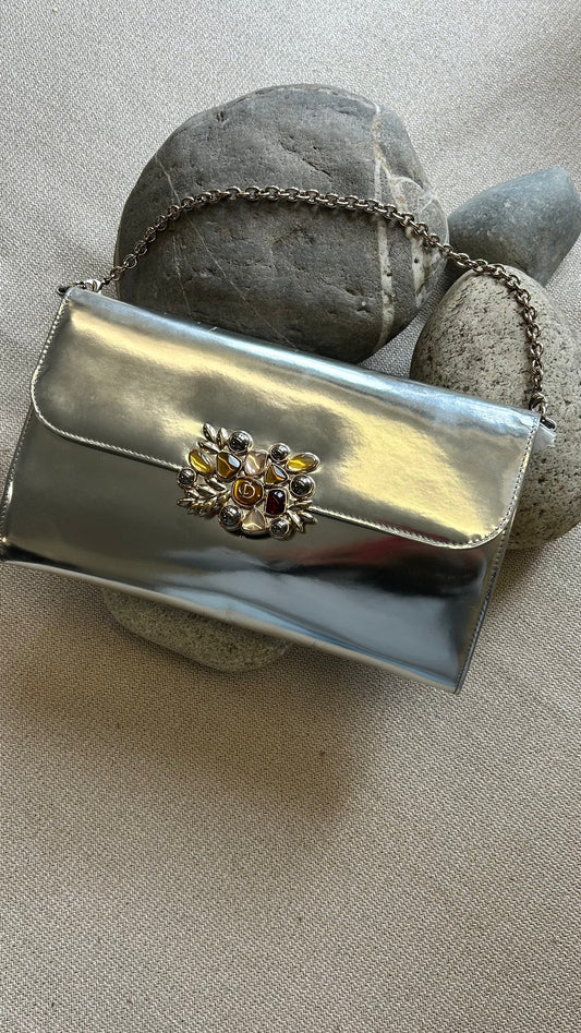 Dior Clutch Bag Embellished Clutch Patent Silver