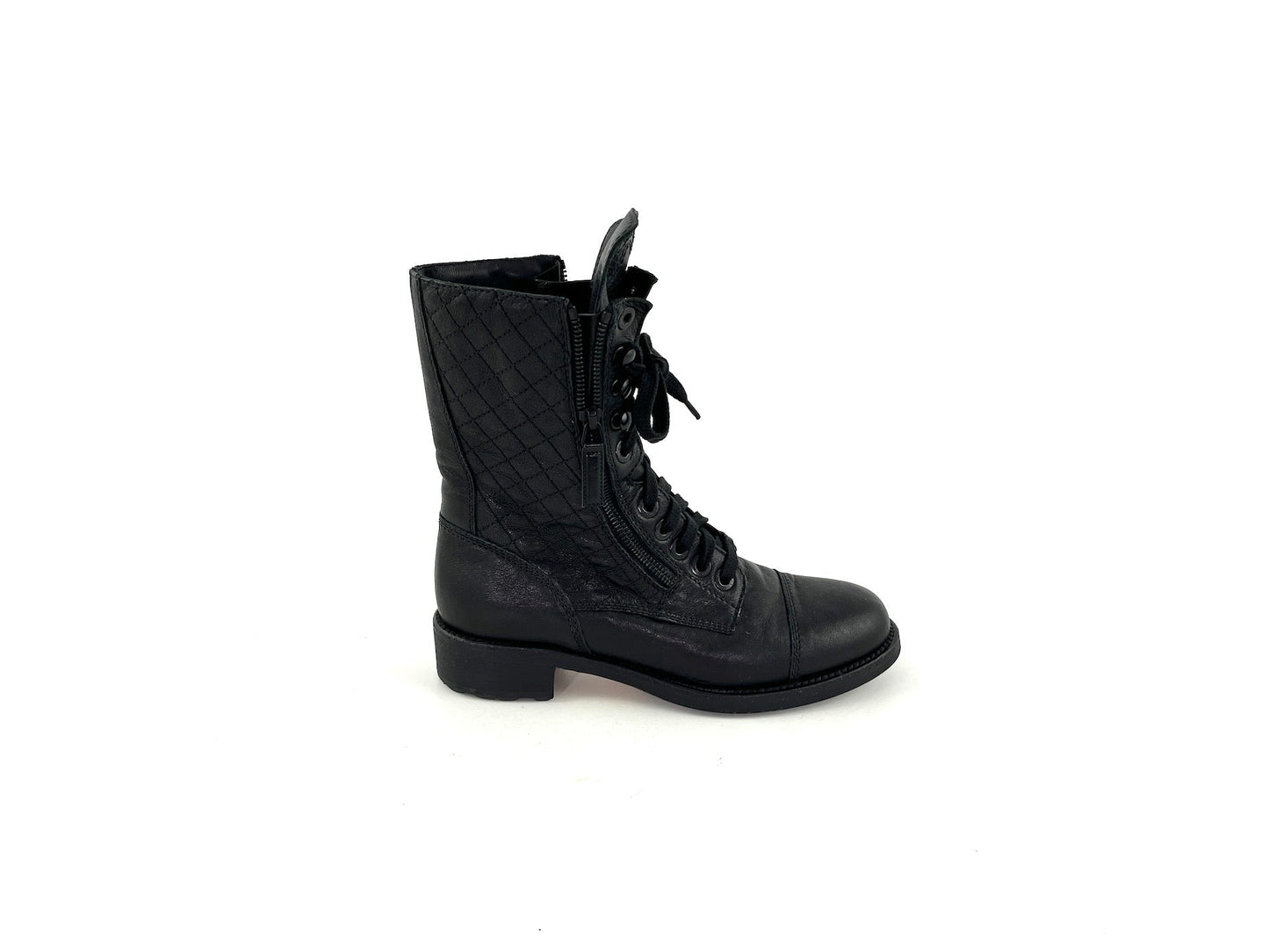 CHANEL Black Quilted Leather Interlocking CC Logo Combat Boots 39 8