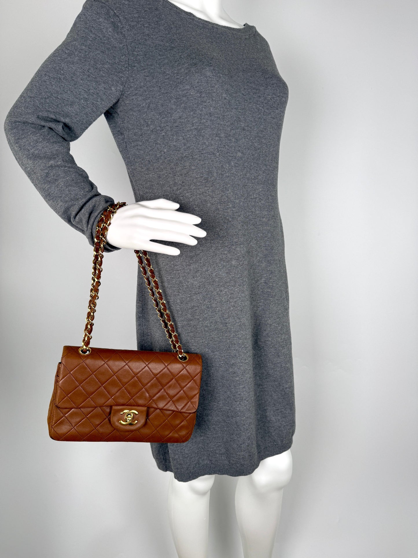 Chanel   Brown Small Lambskin Quilted Leather Gold Hardware Double Flap Shoulder Bag