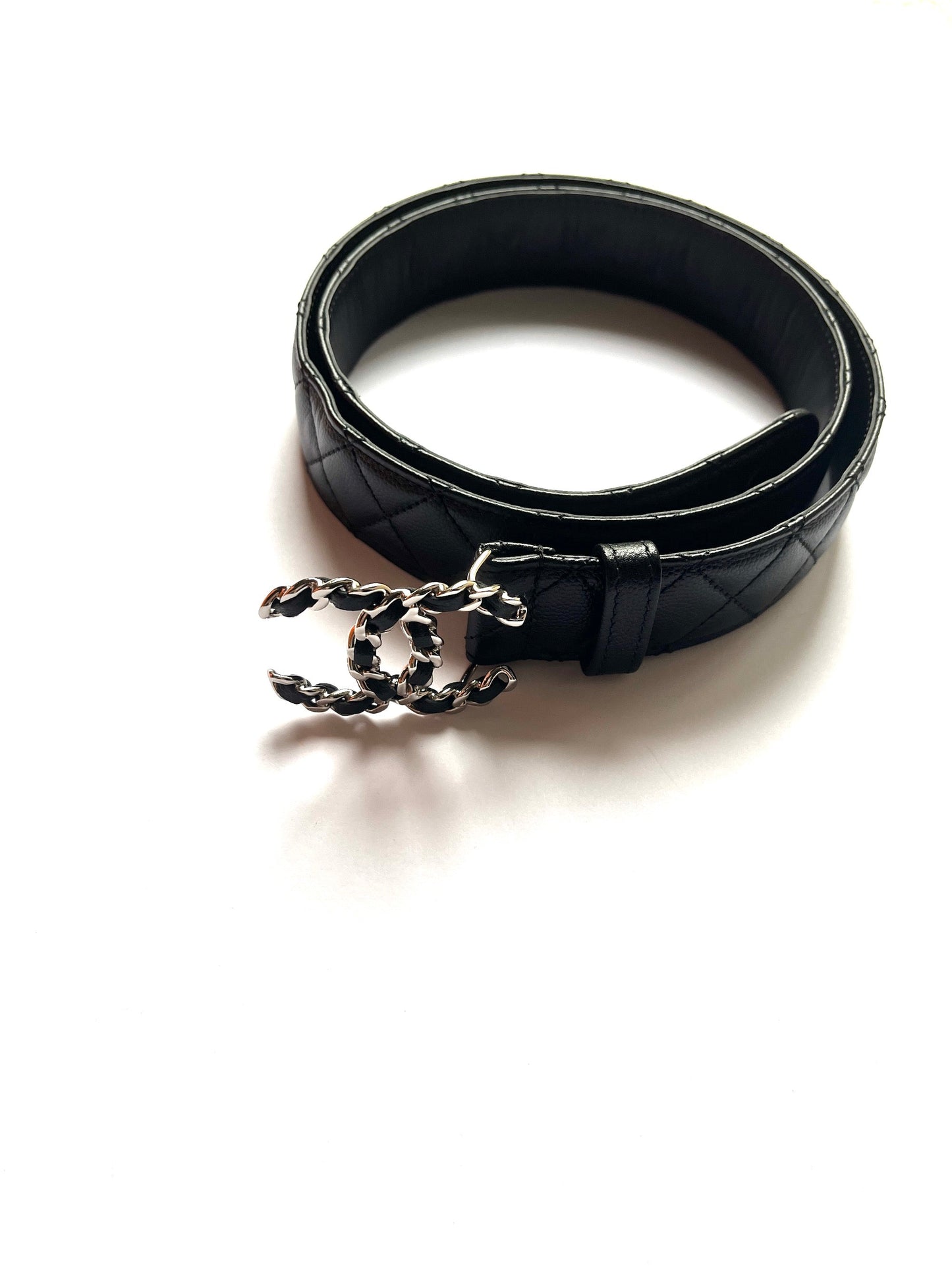 CHANEL B20 Black Quilted Caviar CC Buckle Silver Logo Leather Belt 90 36