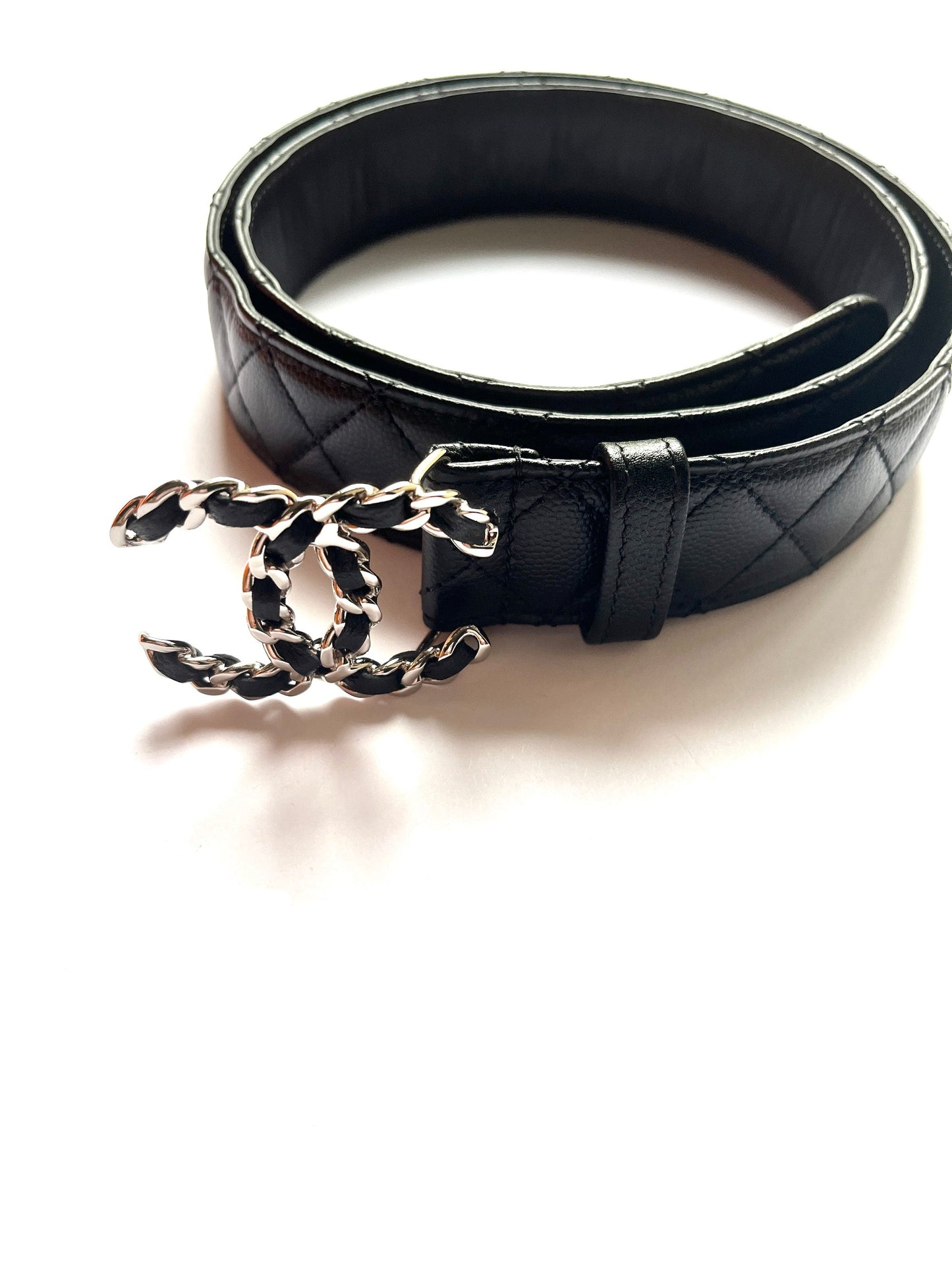 Chanel B20 Black Quilted Caviar Cc Buckle Silver Logo Leather Belt 90 36 Bag