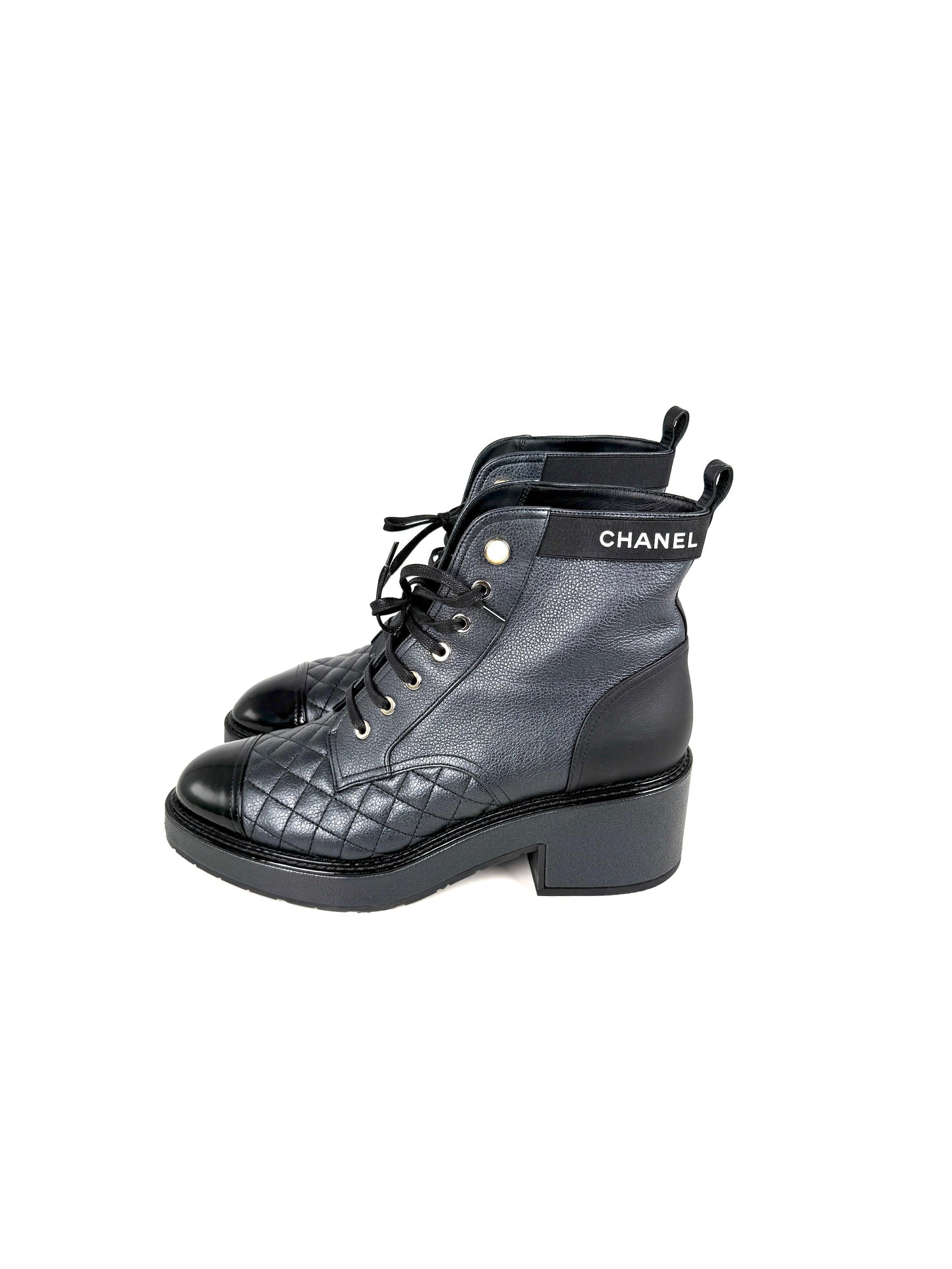 CHANEL Cap Toe Faux Pearl Black Quilted Block Heel Combat Ankle Boots 41, 10.5