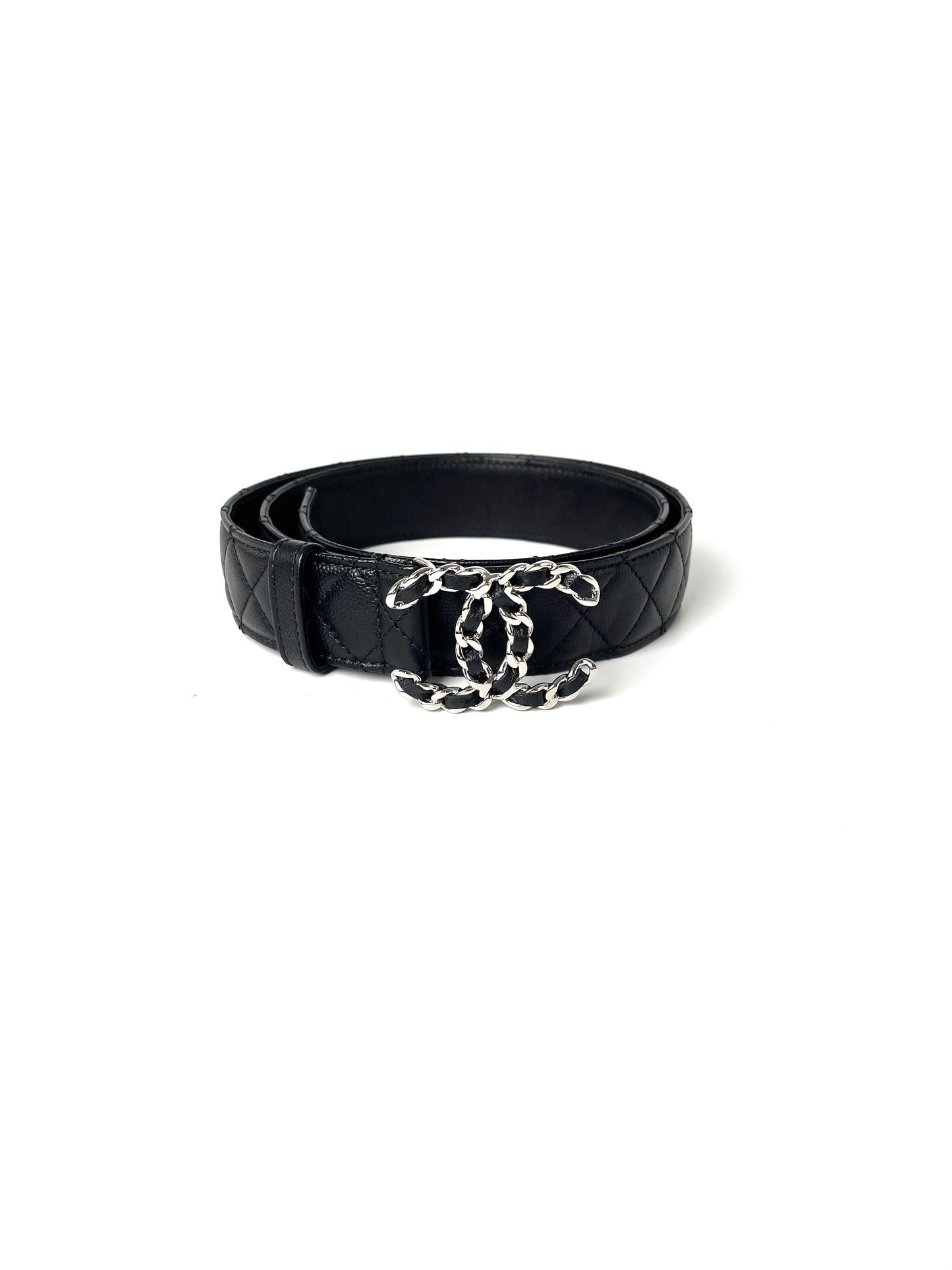Chanel B20 Black Quilted Caviar Cc Buckle Silver Logo Leather Belt 90 36 Bag