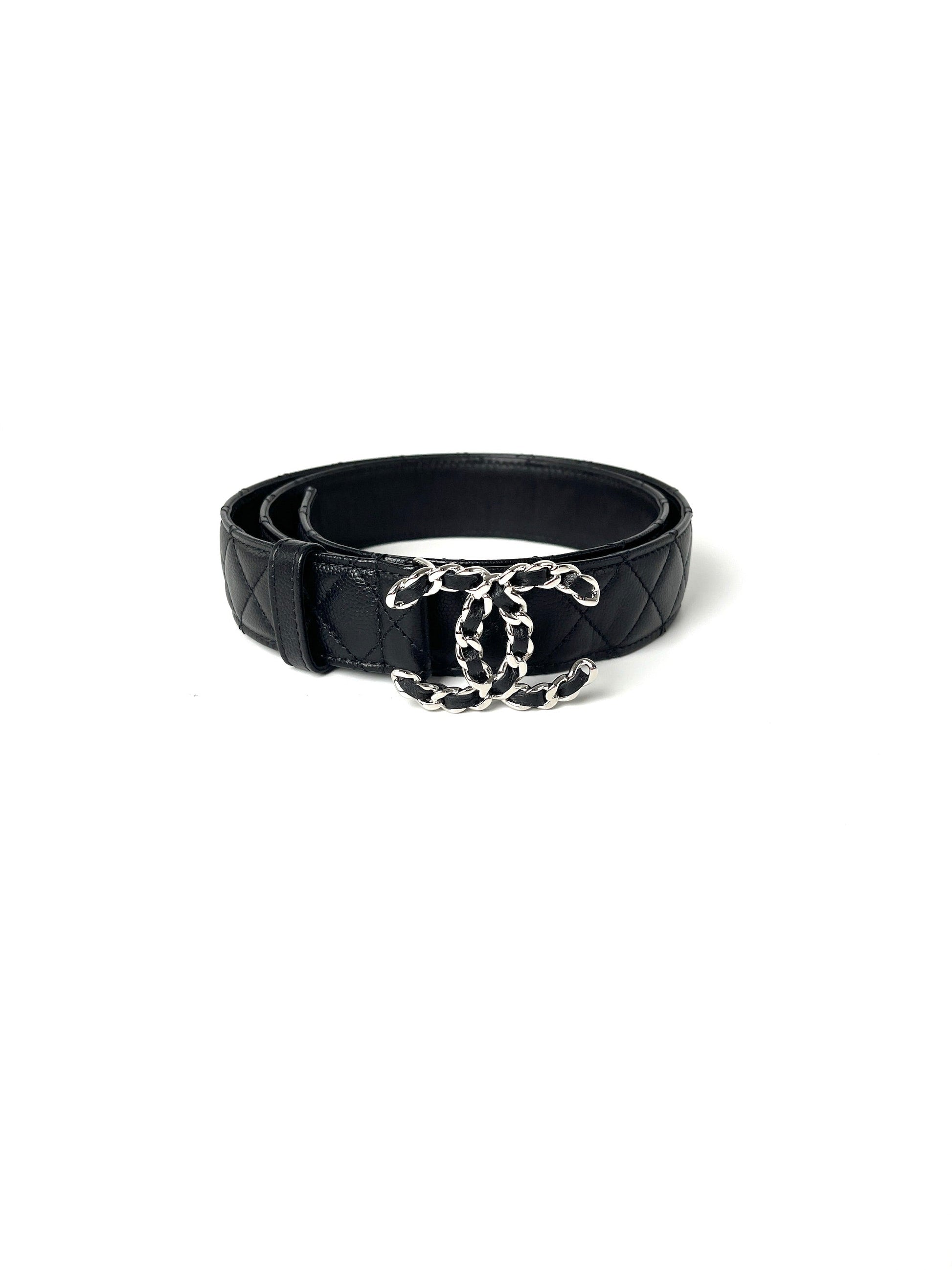 Chanel B20 Black Quilted Caviar Cc Buckle Silver Logo Leather Belt 90 36 Bag