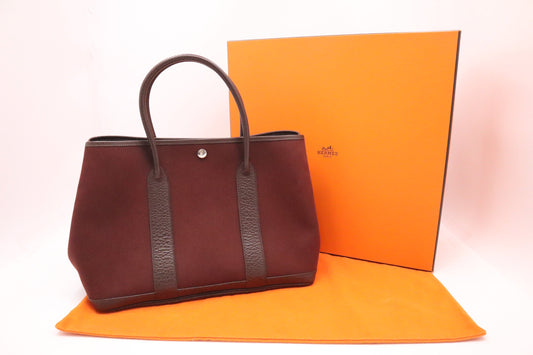 Hermes Garden Party In Maroon & Dark Handbag Leather Canvas Travel Bag