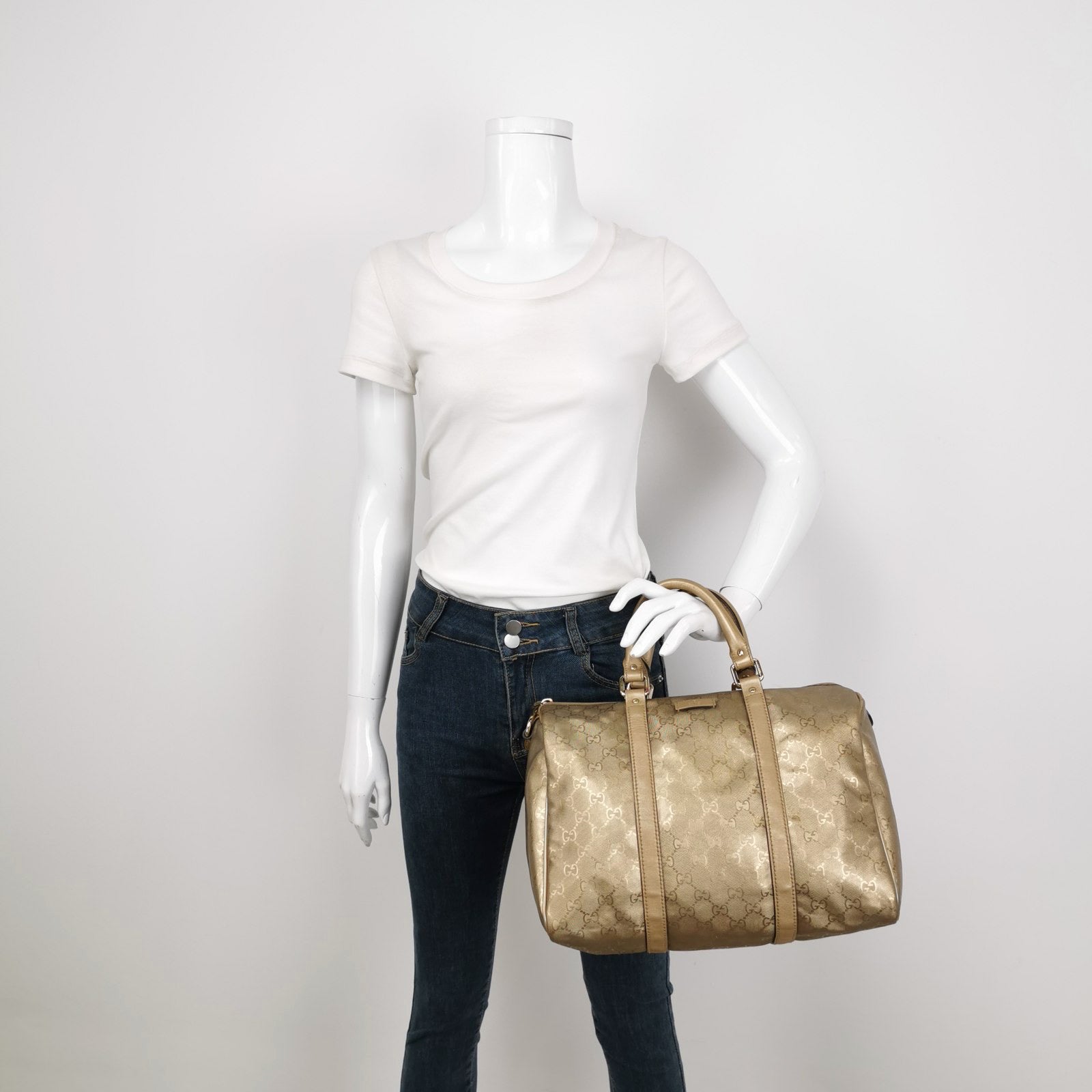 Gucci Joy Boston PU Monogram Gold Top Handle Handbag