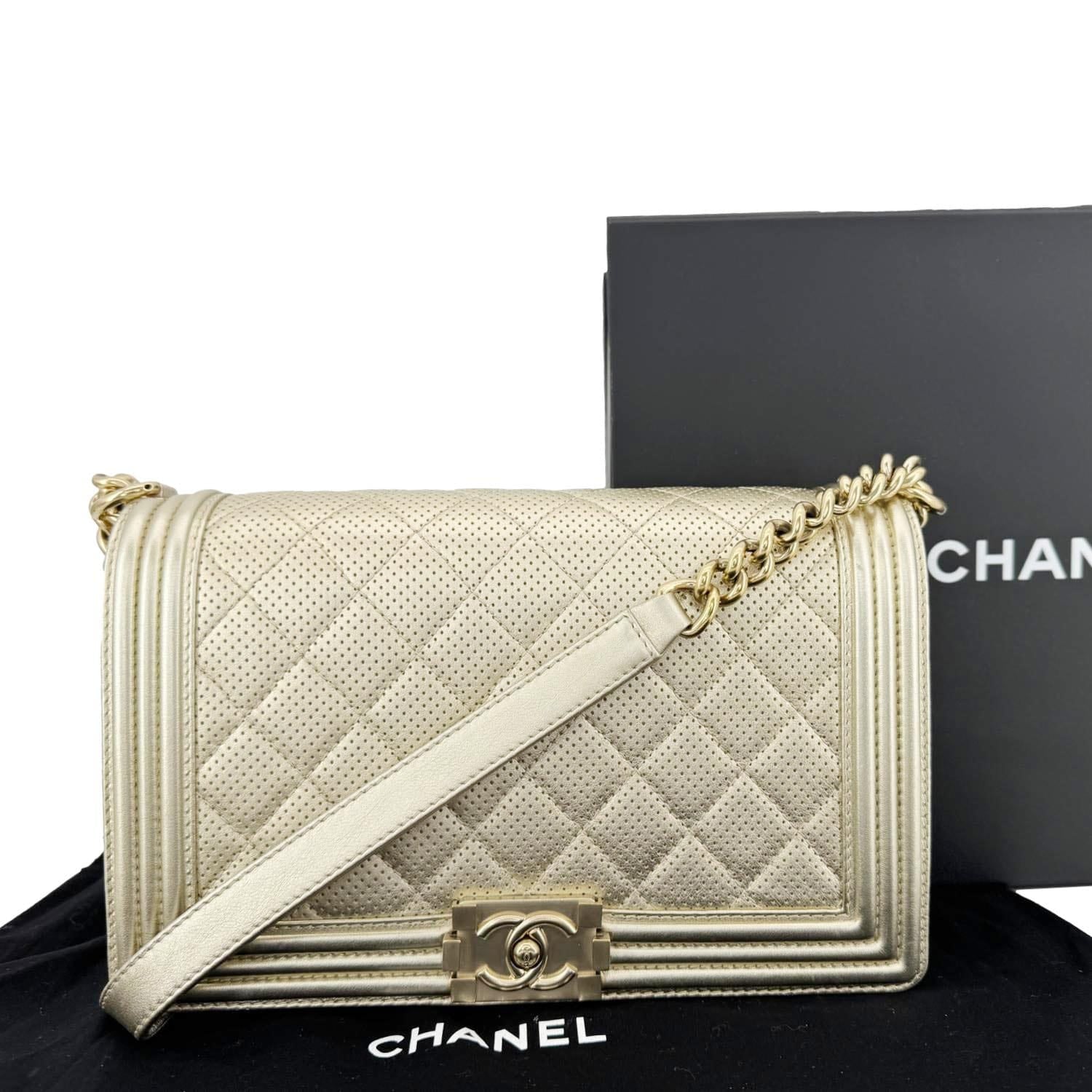 Chanel Boy Flap Perforated Light Leather Lambskin Gold Travel Bag