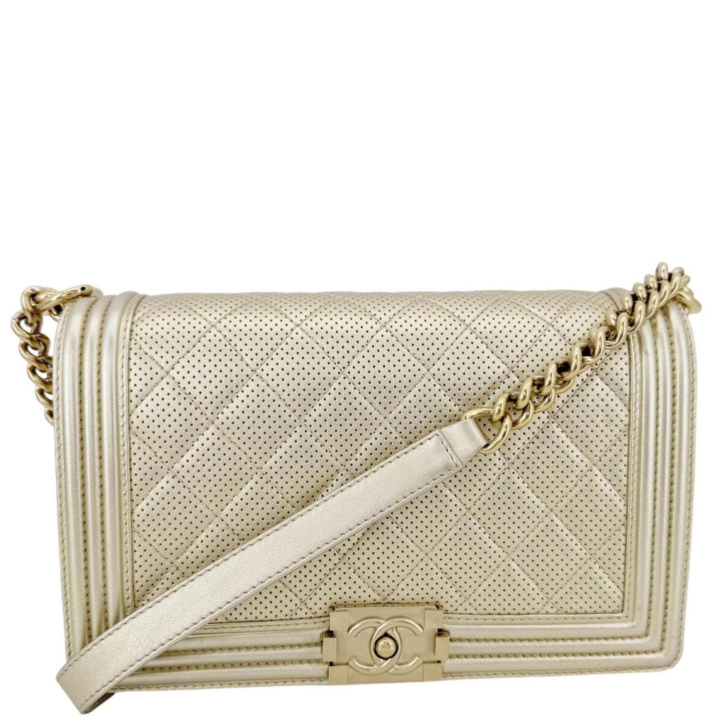 Chanel Boy Flap Perforated Light Leather Lambskin Gold Travel Bag