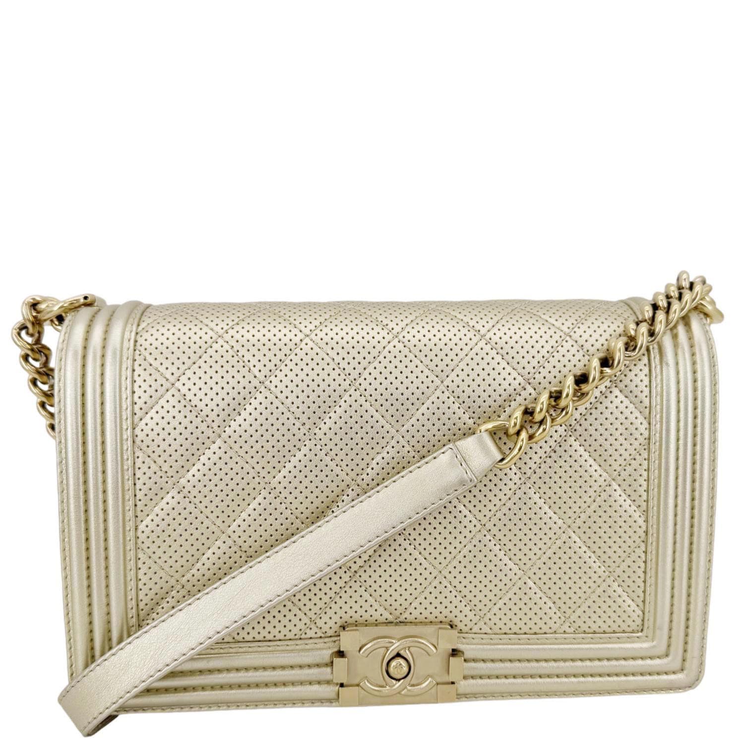 Chanel Boy Flap Perforated Light Leather Lambskin Gold Travel Bag