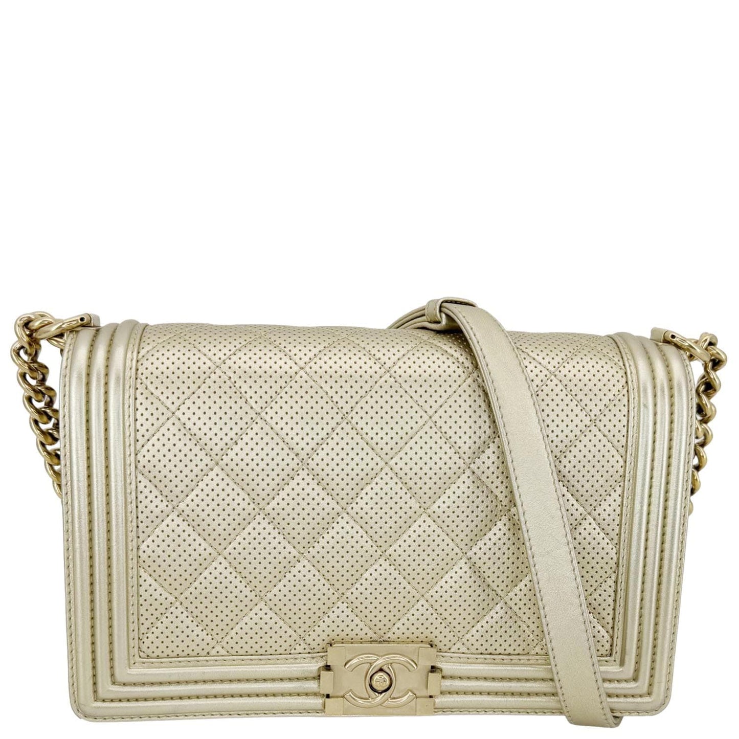 Chanel Boy Flap Perforated Light Leather Lambskin Gold Travel Bag