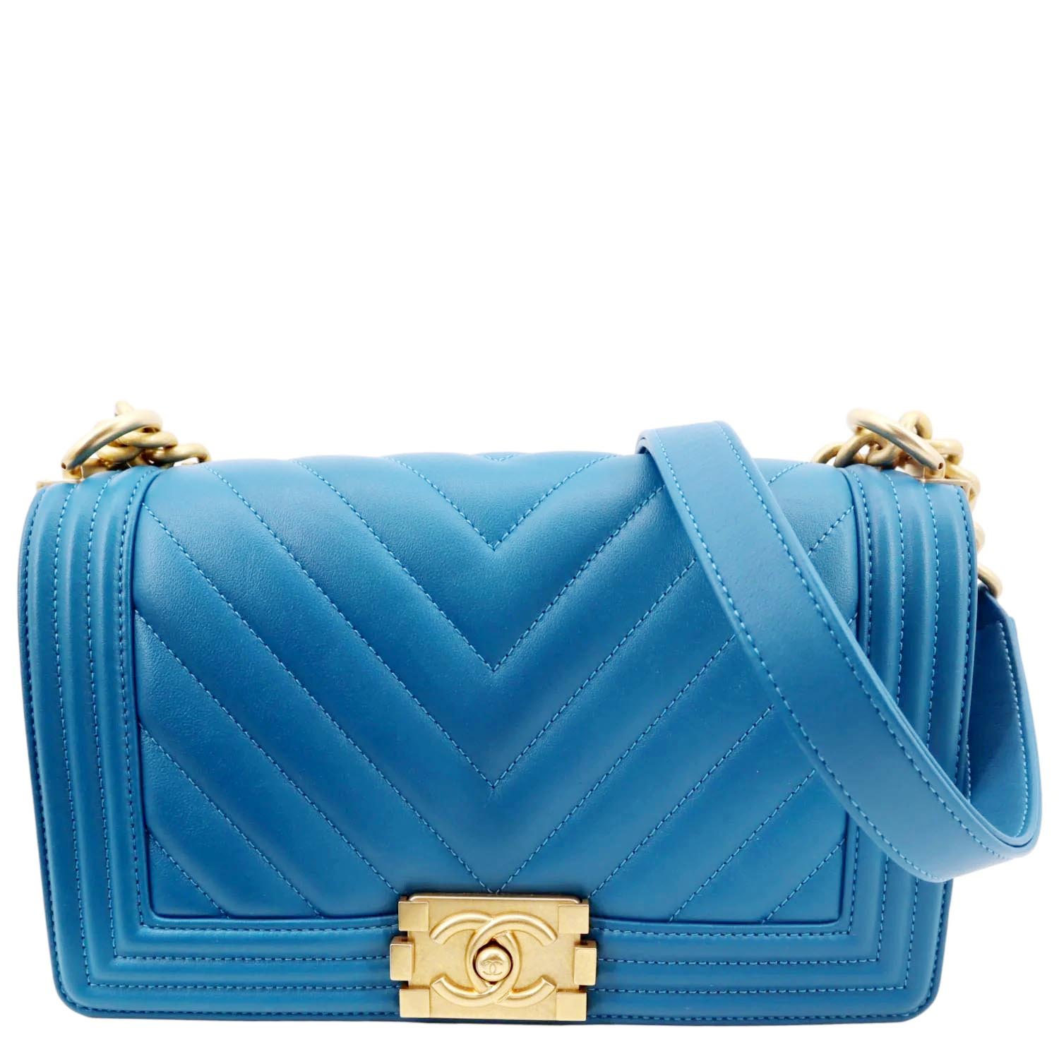 Chanel Medium Boy Flap Chevron Quilted Calfskin Shoulder Bag Blue