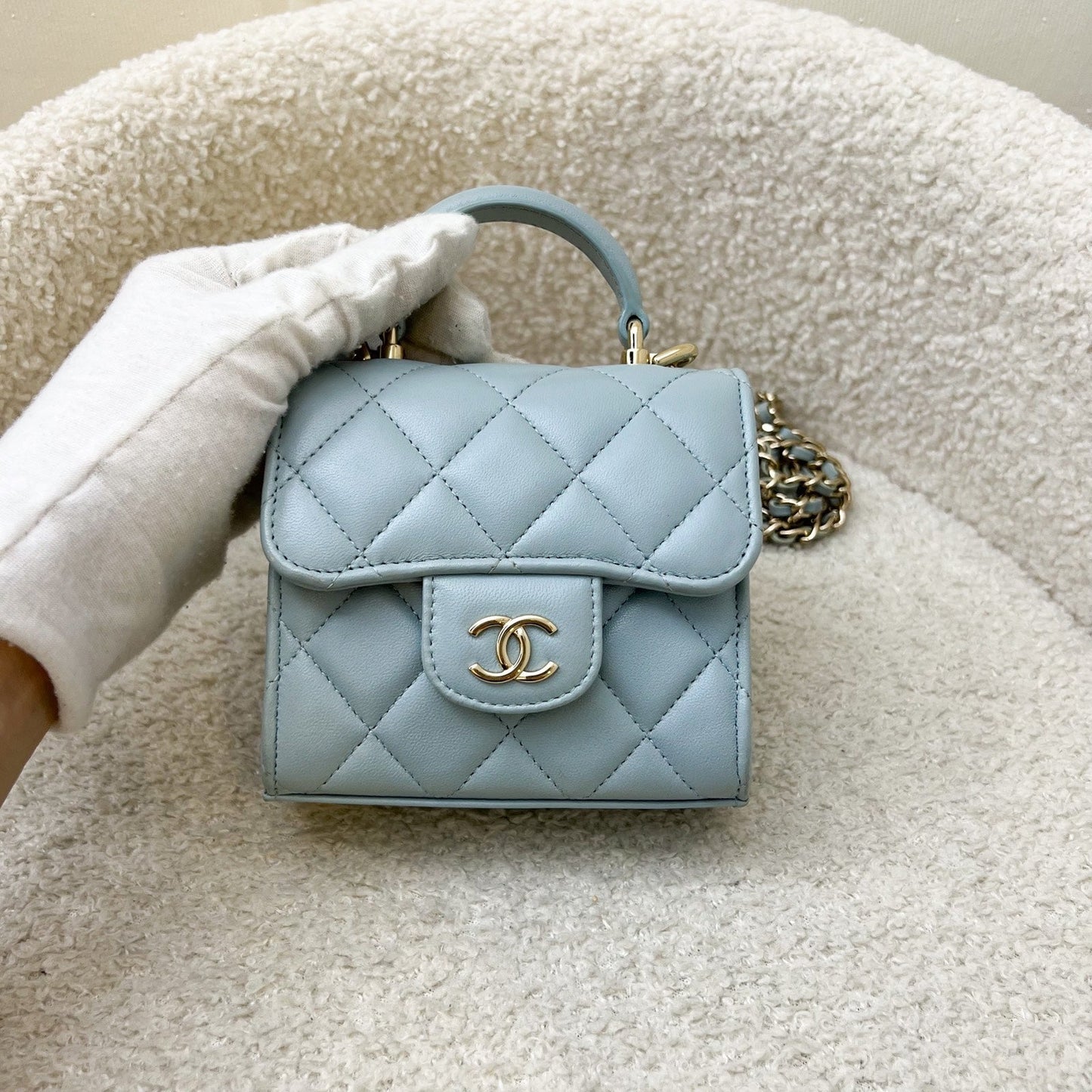 Chanel Top Handle Micro Flap Bag in Light Blue Lambskin Lghw