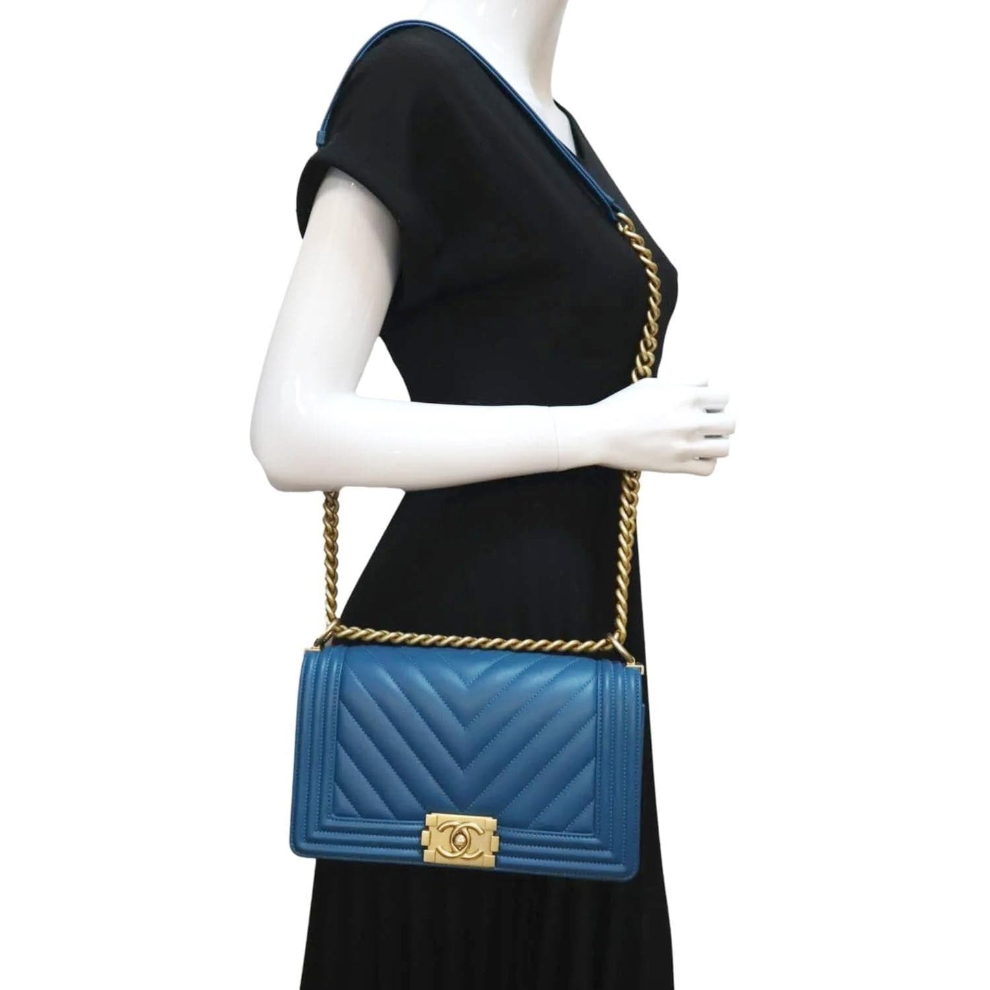 Chanel Medium Boy Flap Chevron Quilted Calfskin Shoulder Bag Blue