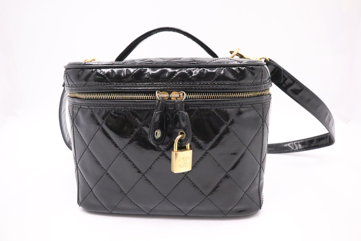 Chanel Vanity Patent Black Leather Handbag