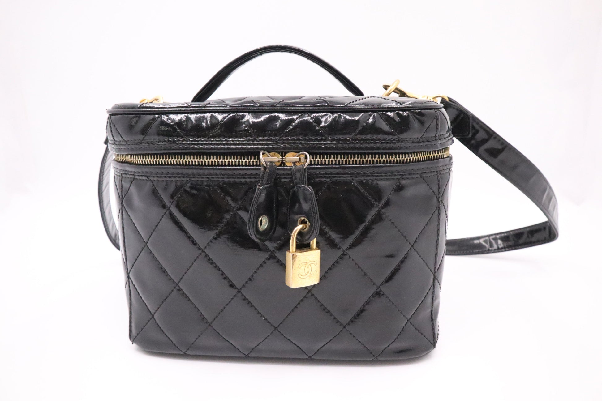 Chanel Vanity Patent Black Leather Handbag