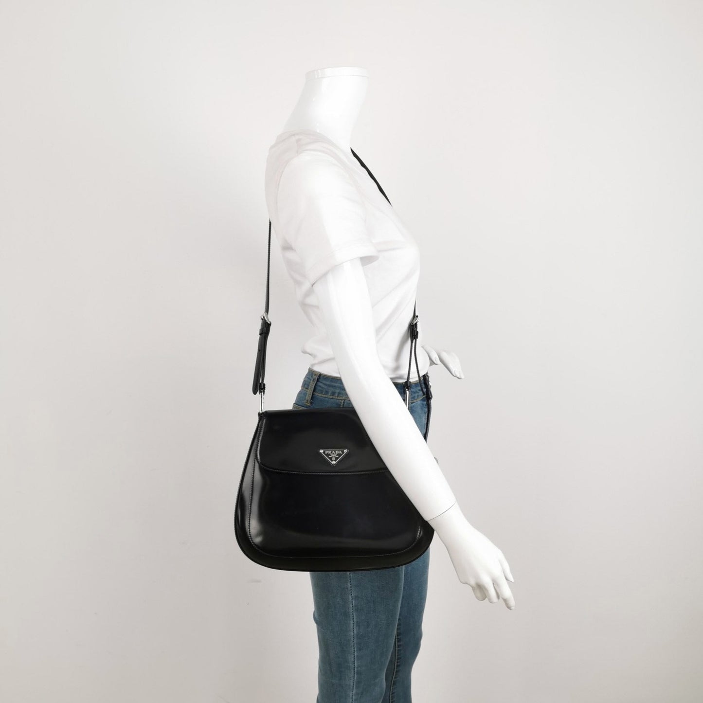 Prada Cleo Flap Brushed Crossbody Bag Leather Black