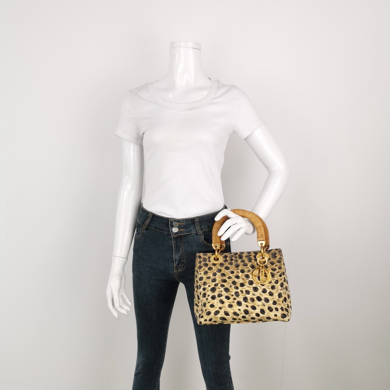 Dior Lady Leopard Print Cloth Handbag Quilted Medium Travel Bag