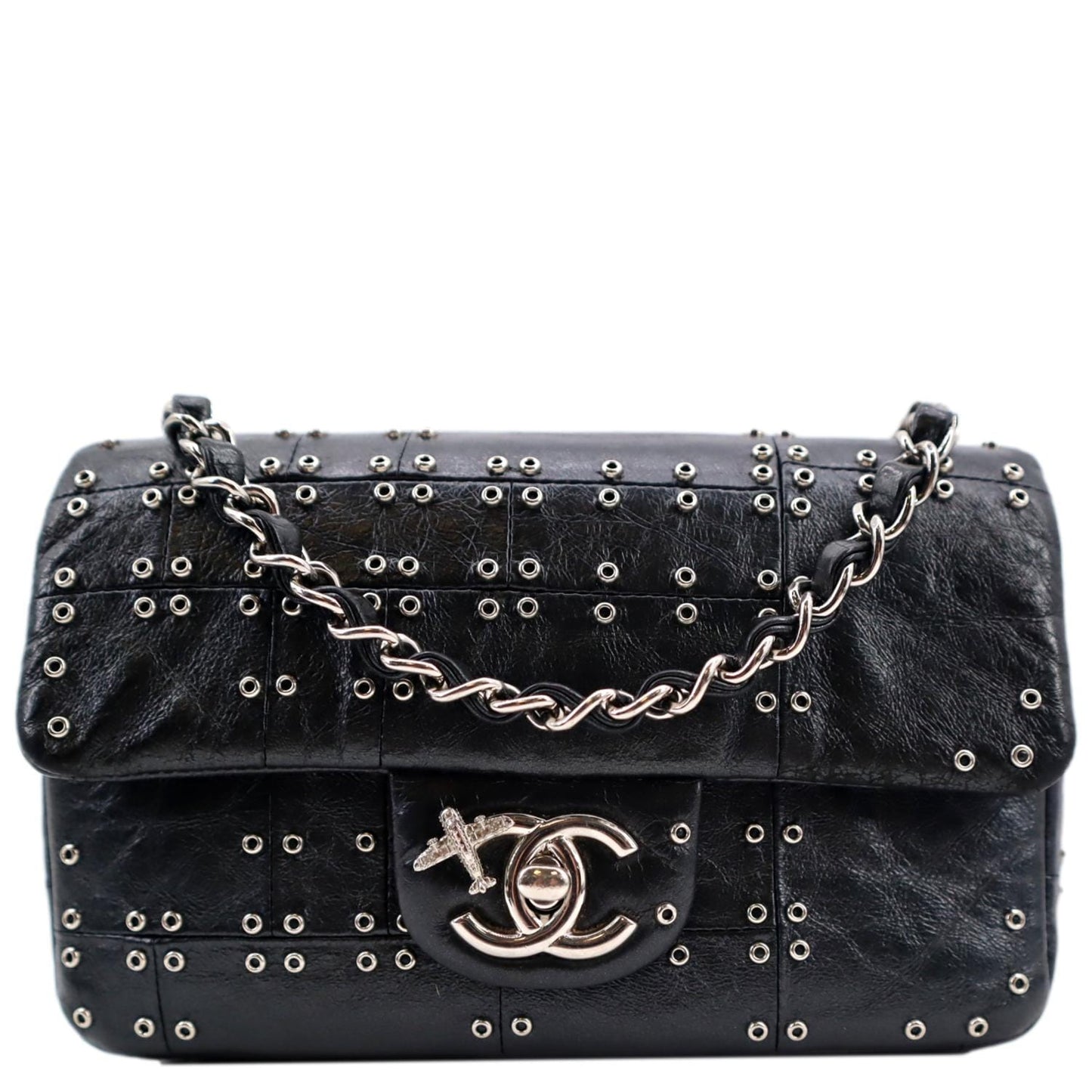 Chanel Airlines Grommet Studded Leather Black Travel Bag
