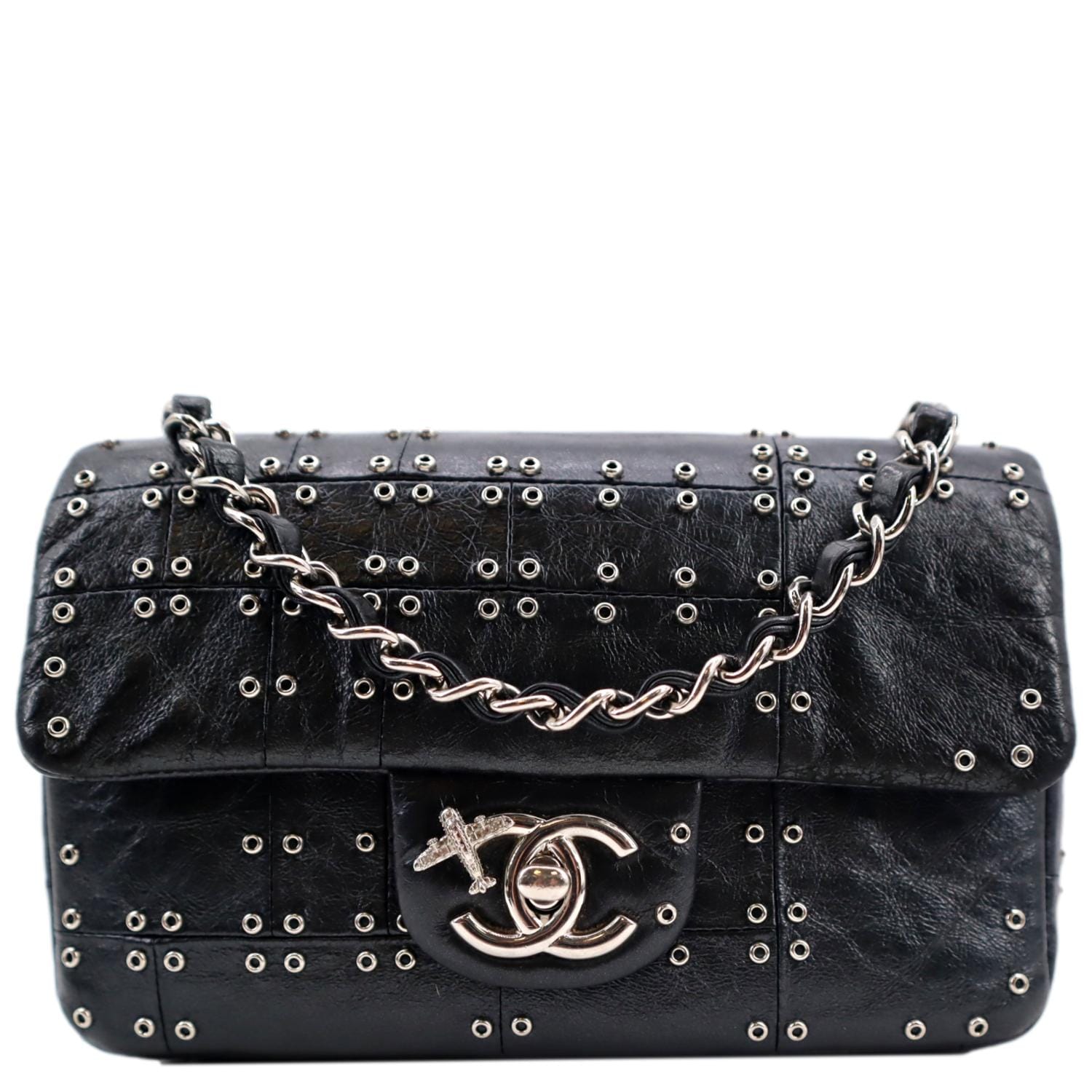 Chanel Airlines Grommet Studded Leather Black Travel Bag