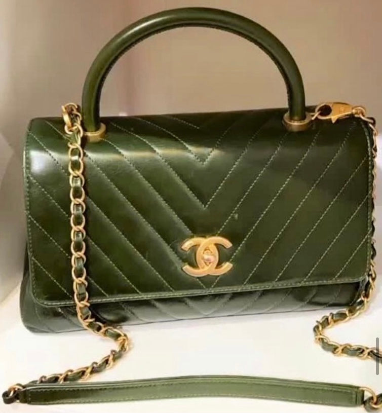 Chanel Calfskin Coco Chevron Quilted Top Handle Handbag