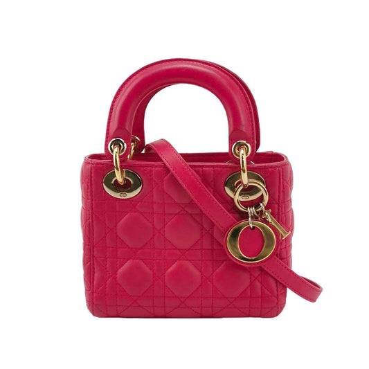 Dior Lady Fuchsia Handbag Cannage With Strap Leather Pink Travel Bag