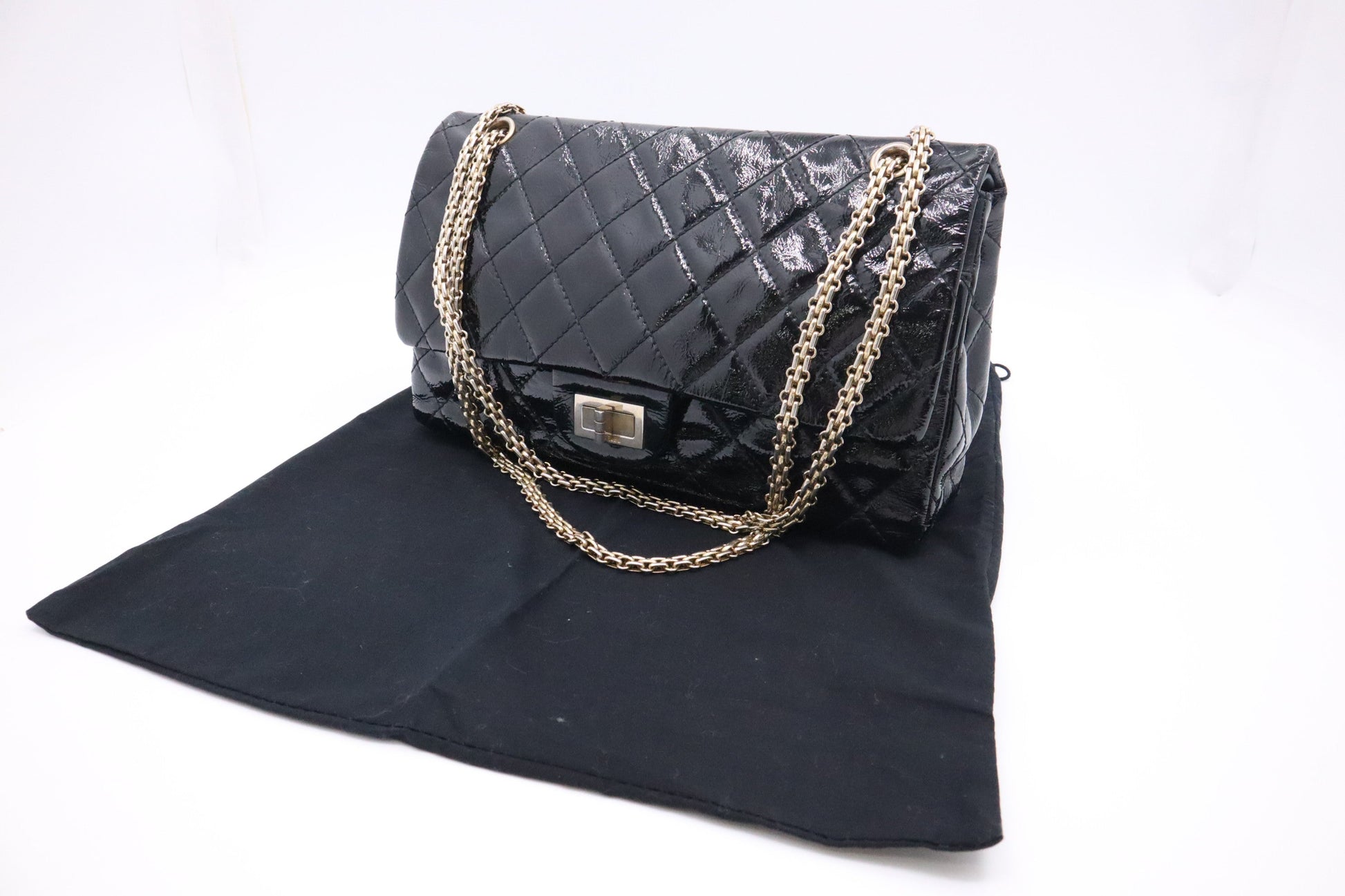 Chanel 2.55 Patent Flap Matelasse Black Leather Handbag