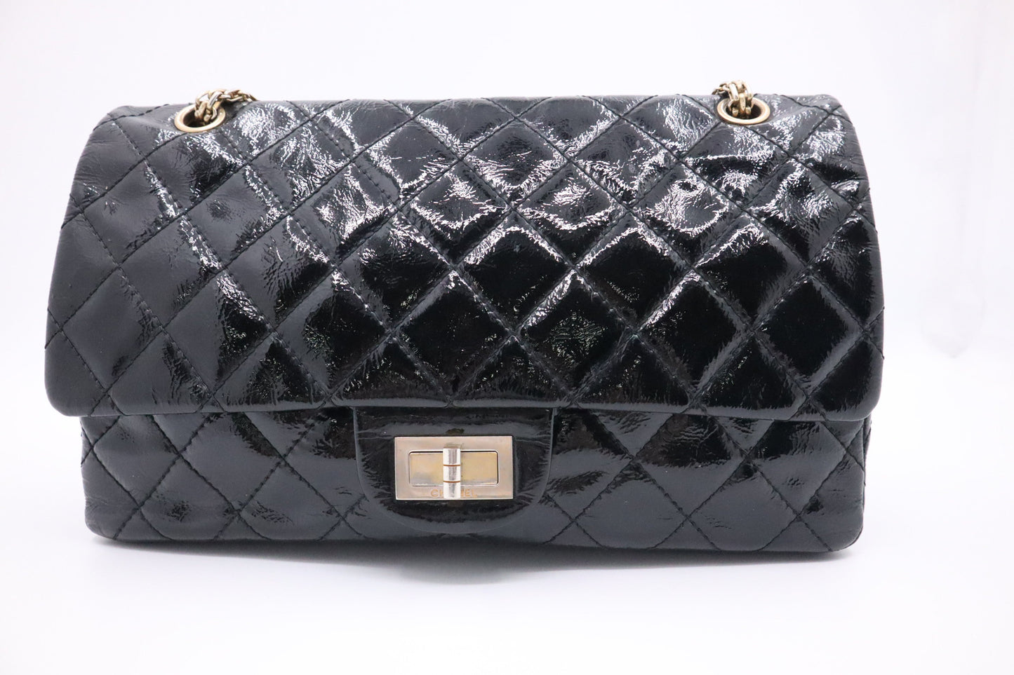 Chanel 2.55 Patent Flap Matelasse Black Leather Handbag