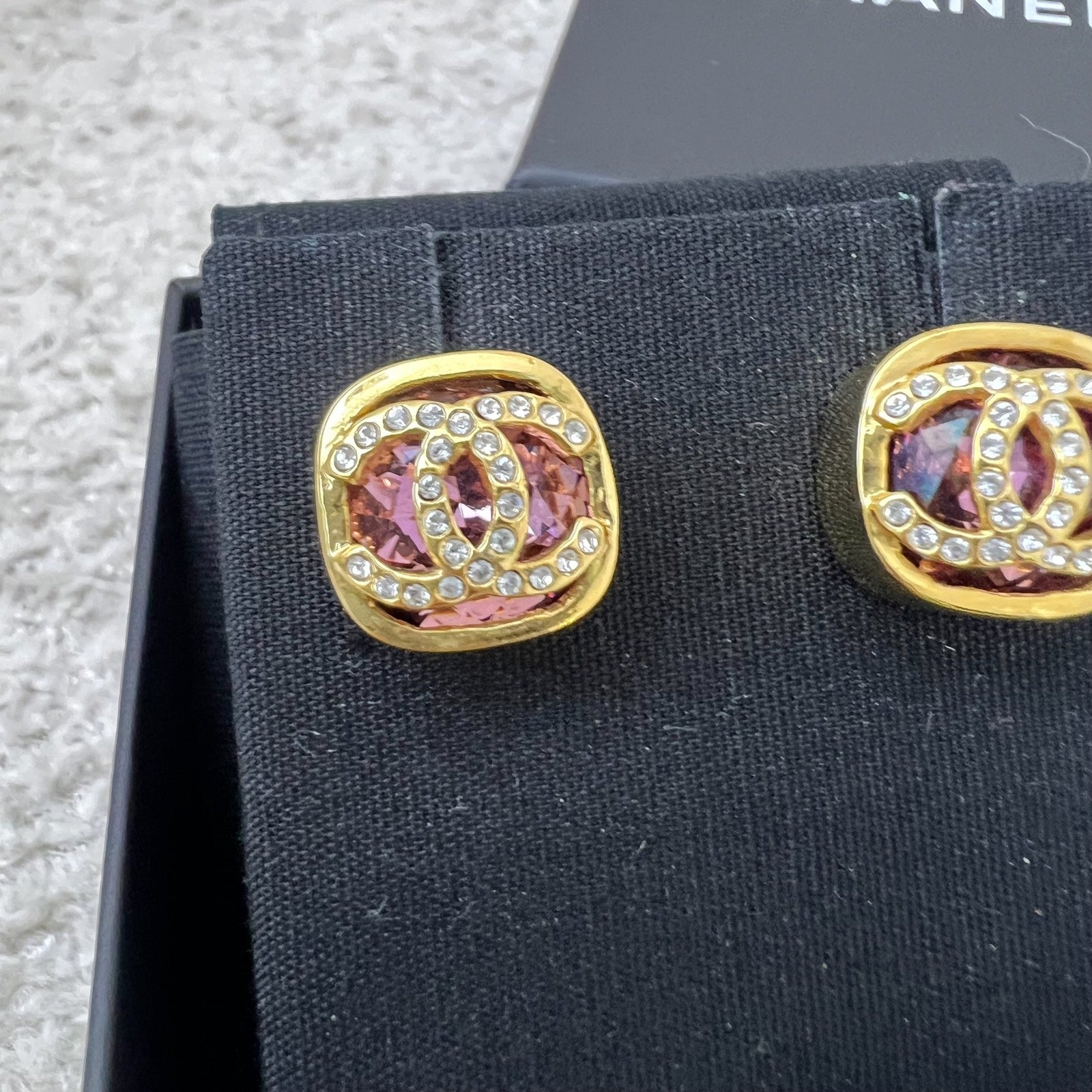 Chanel Pink Square Resin And Diamantés CC Logo Earrings In Ghw