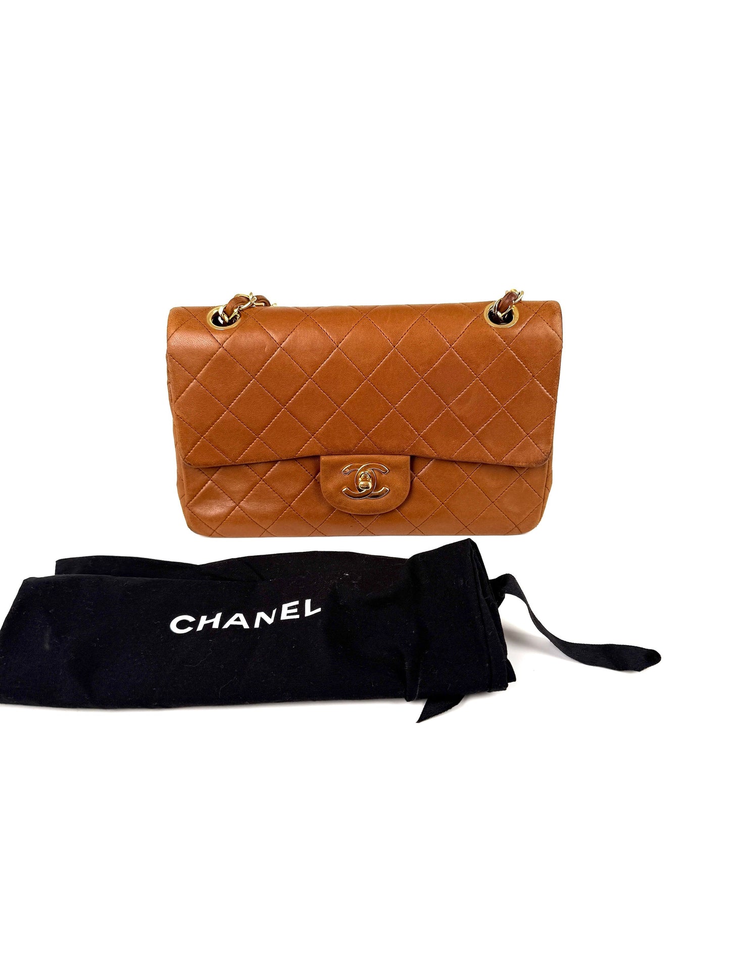 Chanel   Brown Small Lambskin Quilted Leather Gold Hardware Double Flap Shoulder Bag