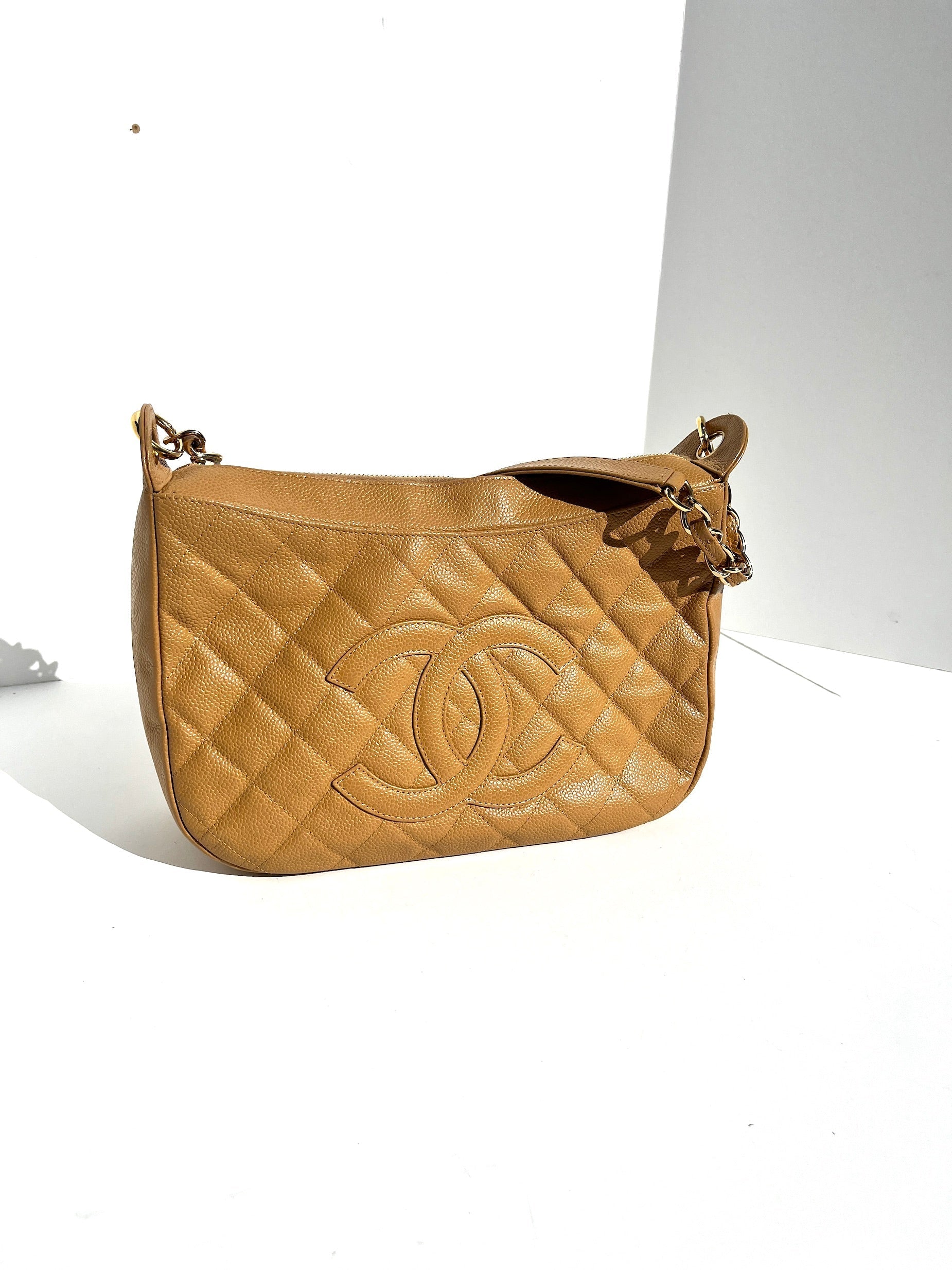Chanel Timeless Beige Quilted Caviar Hobo Bag