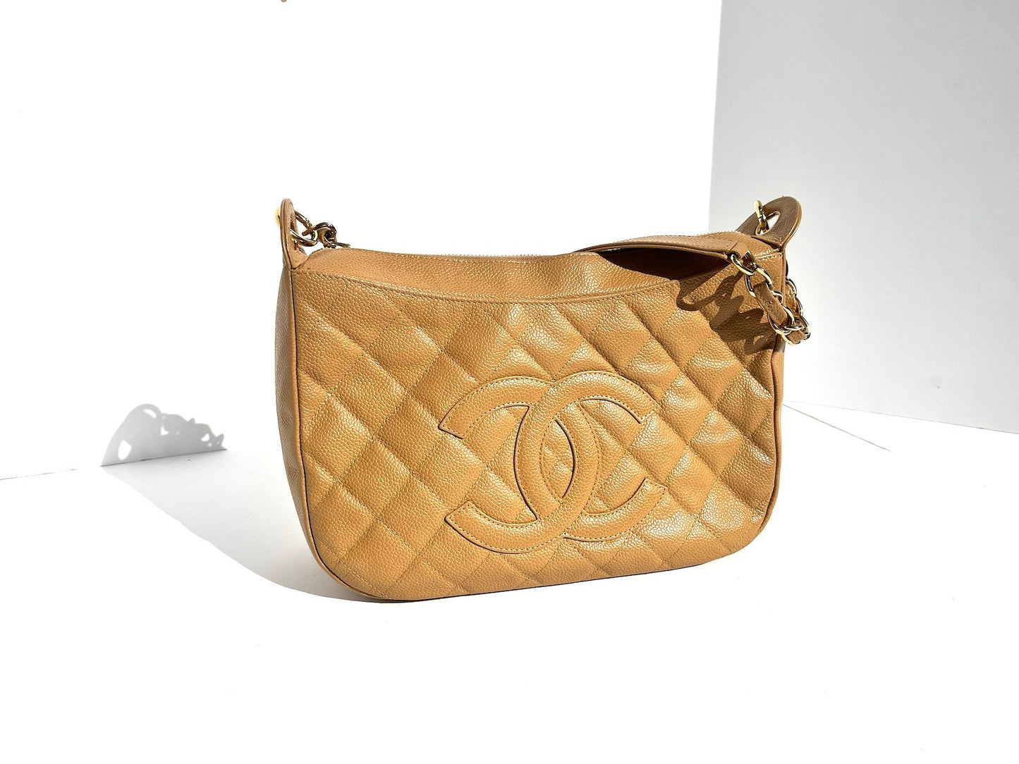 Chanel Timeless Beige Quilted Caviar Hobo Bag