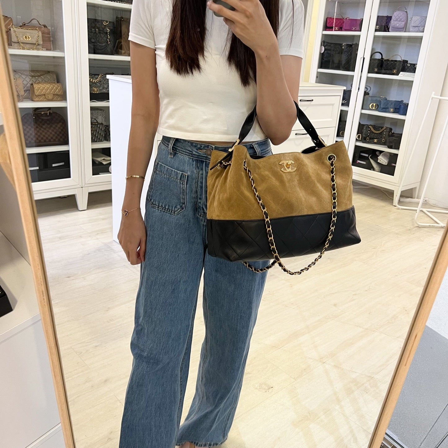 Chanel 25A Two-Tone Tote Bag in Light Brown Suede, Black Calfskin and AGHW