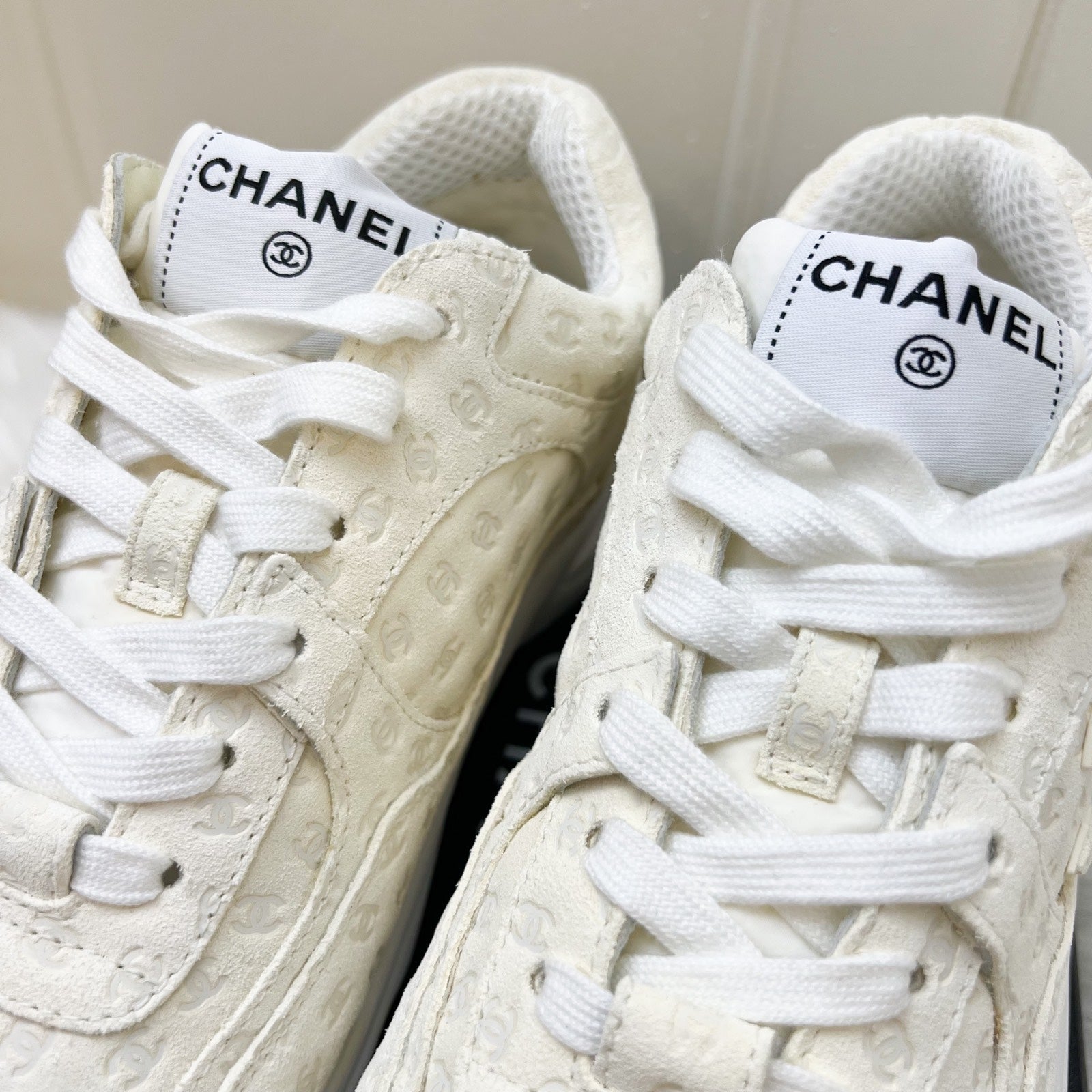 Chanel CC Logo Printed Sneakers in White Sz 38.5 for Women