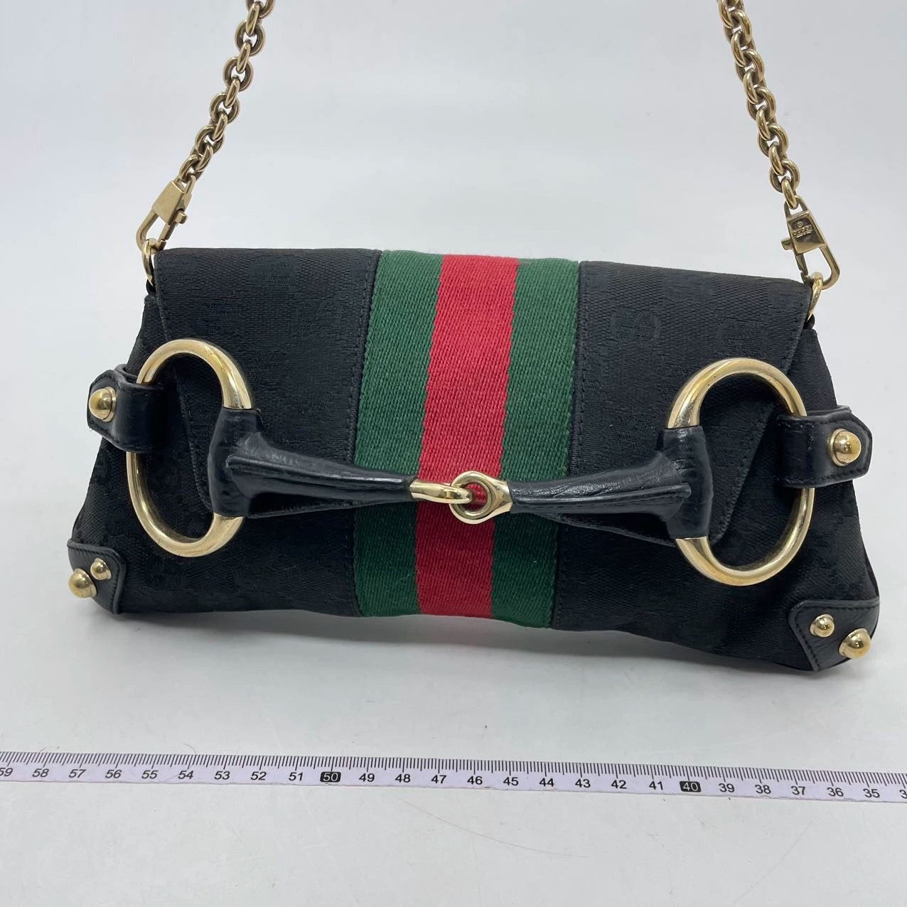 Gucci Horsebit Cloth Iconic Strip Monogram Black Chain Handbag