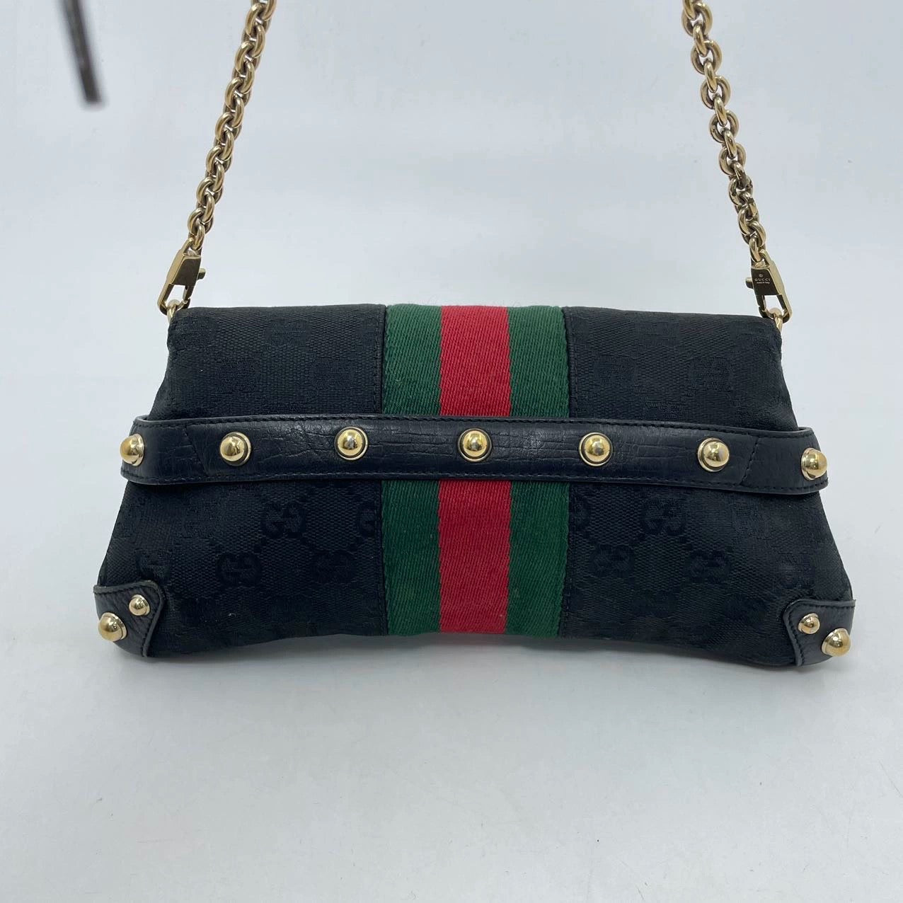 Gucci Horsebit Cloth Iconic Strip Monogram Black Chain Handbag