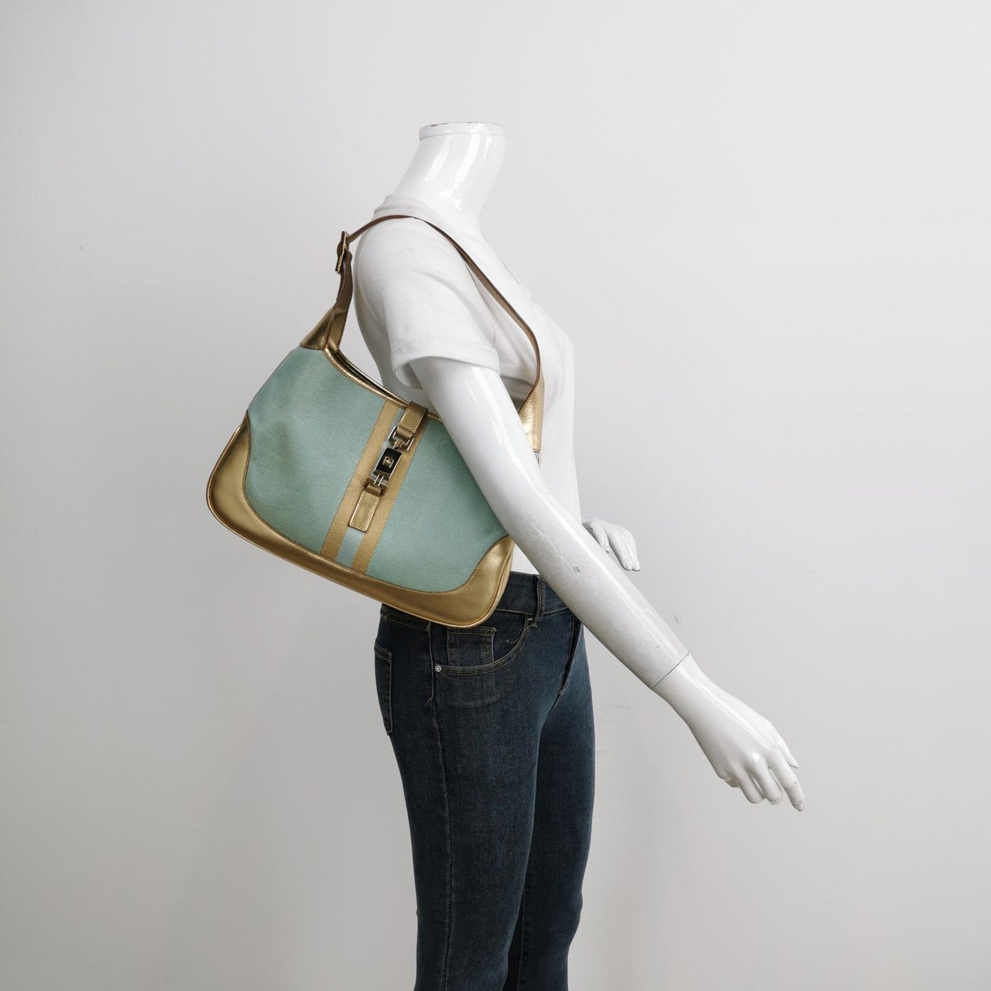 Gucci Jackie Leather Nylon Blue Gold Shoulder Bag