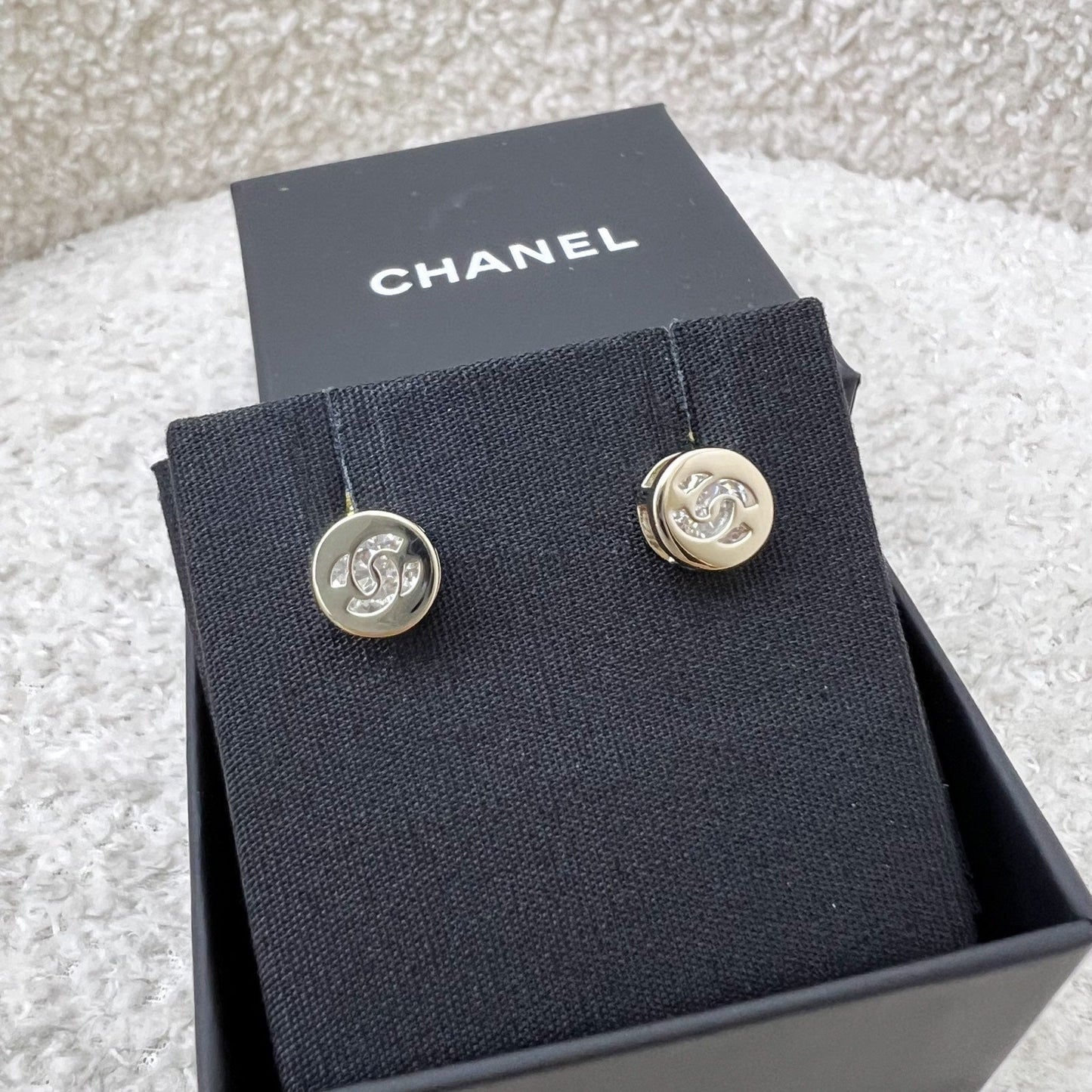 Chanel Mini Round Earrings with Crystal Studded CC Logo in Lghw