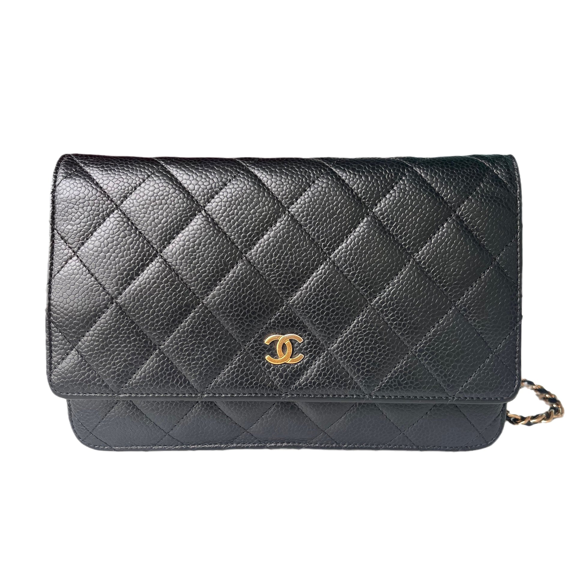 Chanel on WOC Caviar hardware Black Gold Leather Wallet Case