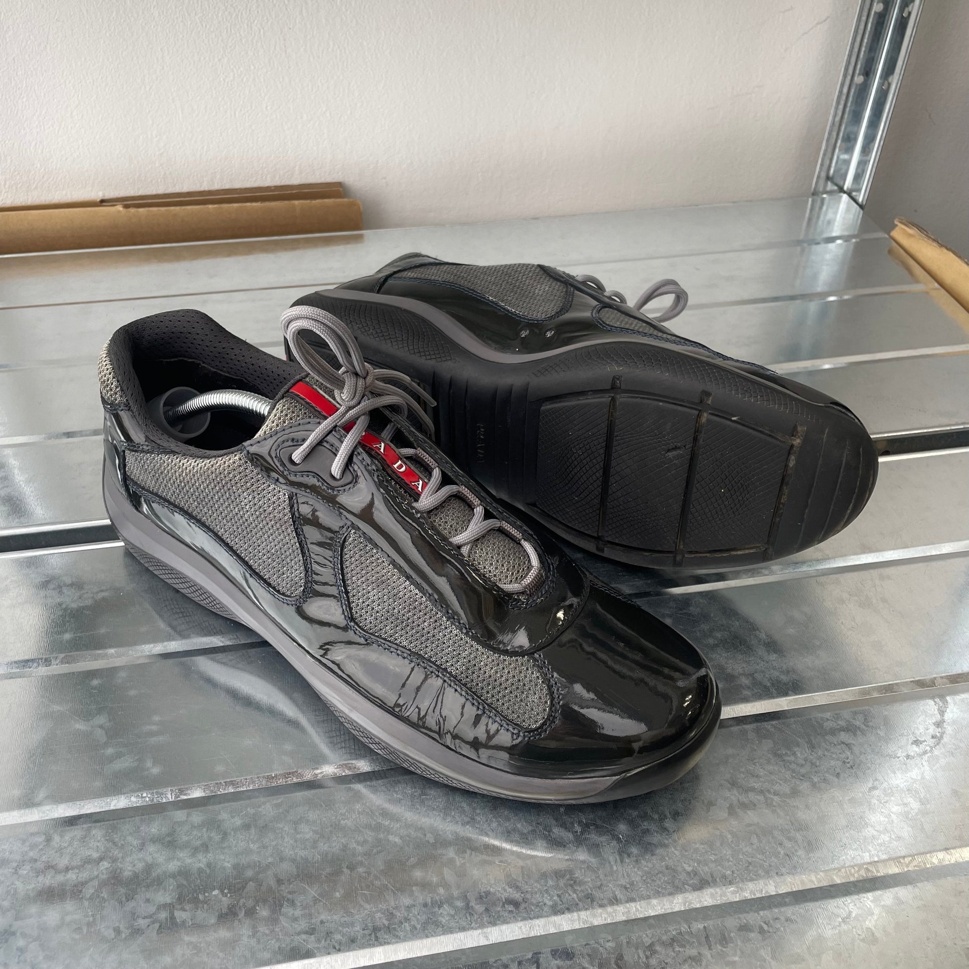 Prada Shoe Sport & Grey 00s Americas Cup Trainers Leather Patent Black Shoes